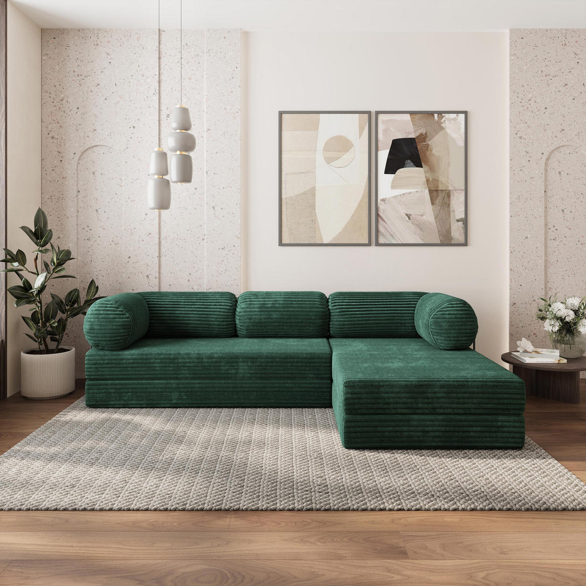 ROHOVÁ SEDAČKA ETERA modulární Boneless pohovka s funkcí spaní, tmavě zelená TILIA 39 - zelená barva, textil (270/160cm) - MASSENO