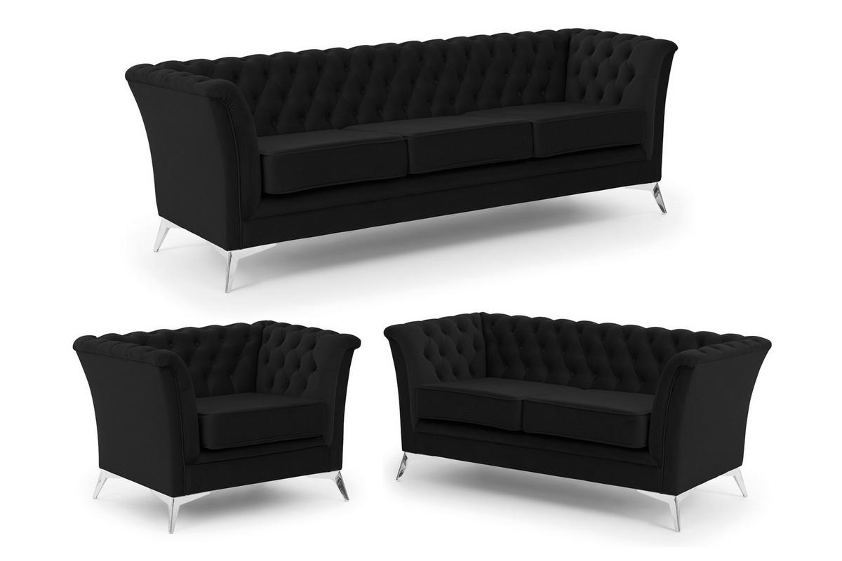 SITZGARNITUR 3+2+1 Chesterfield Whitby Schwarz Samt mit silbernen Füßen - Silberfarben/Schwarz, Holz/Textil (237/78/82cm) - S-Style Möbel