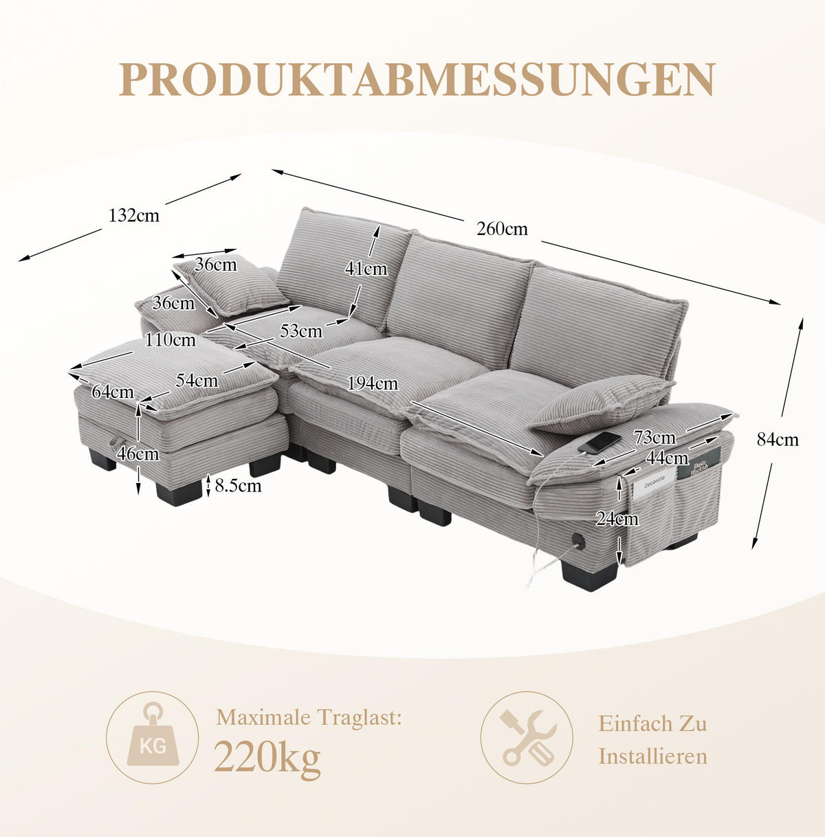 SOFA 3-Sitzer modular mit Hocker 260 x 132 cm Corduroy Light Gray - Hellgrau, Kunststoff (132/260.1cm) - Meubliv
