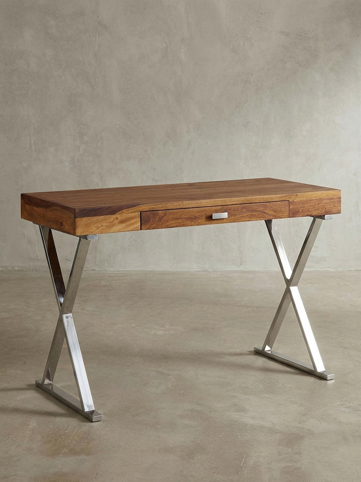 SCHREIBTISCH Massivholz X-Gestell Schublade, Silber 120x55x78 cm - Silberfarben, Holz/Metall (55/120/78cm) - KADIMA DESIGN