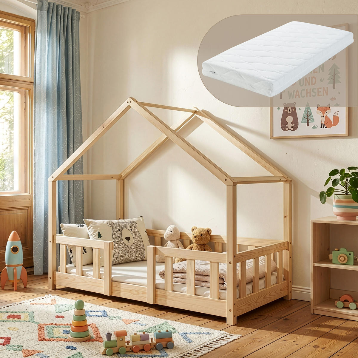 HAUSBETT Treviolo mit Matratze - Naturfarben, Holz/Textil (70/140cm) - [en.casa]