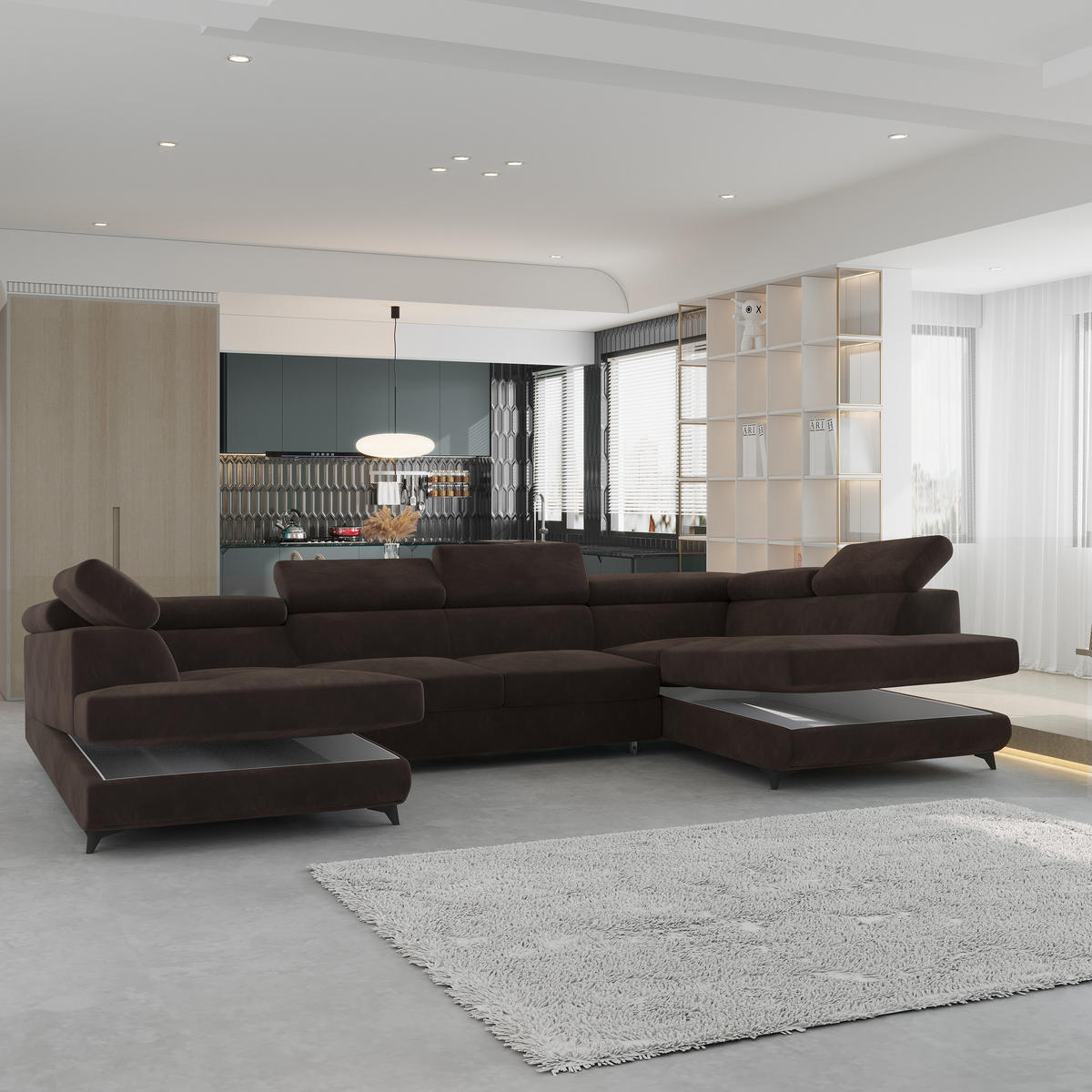 WOHNLANDSCHAFT VINTESSA Braun Velours-Stoff mit Schlaffunktion - Braun, Holz (323/89/190cm) - MASSENO