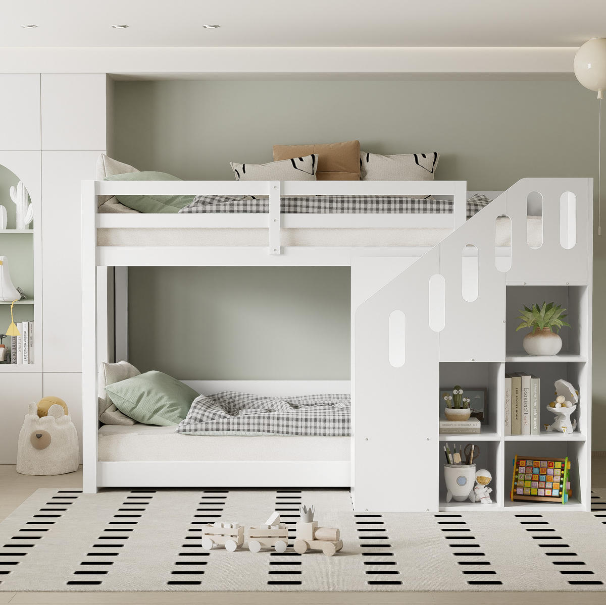 ETAGENBETT aus Kiefernholz 90x200 cm Weiß mit Stauraumtreppe und Geländer - Weiß, Holz (90/200cm) - IVMEU