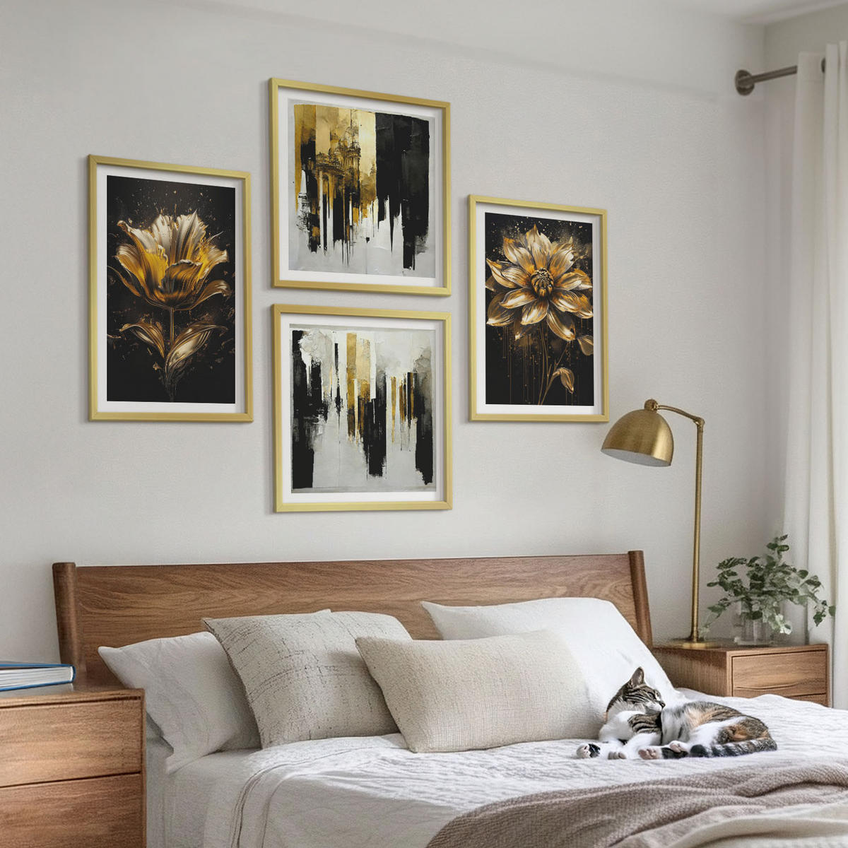 BILDER SET 4er Set - 50x50 cm & 40x60 cm Goldrahmen - Stilvolle moderne Blumen - Goldfarben, Kunststoff (50/50cm) - TULUP