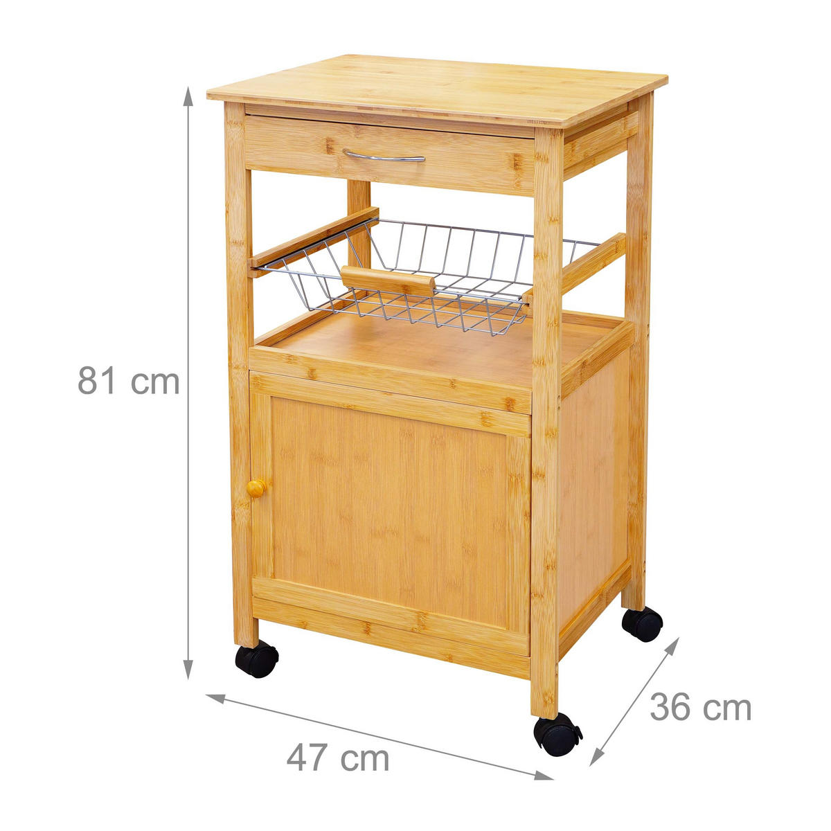 CĂRUCIOR Natural bambus cu roți - maro deschis, material plastic/lemn (47/81/36cm) - Relaxdays