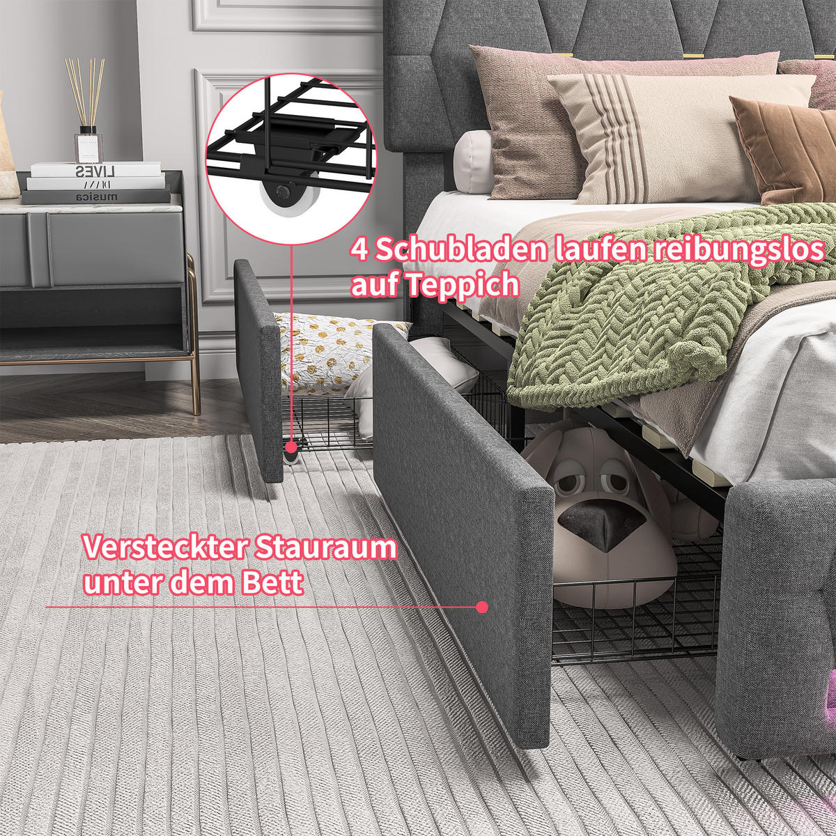 BETTGESTELL 160x200 cm mit Stauraum und Lattenrost, modernes Doppelbett Grau - Grau, Holz/Metall (160/200cm) - PARAFTA HOME