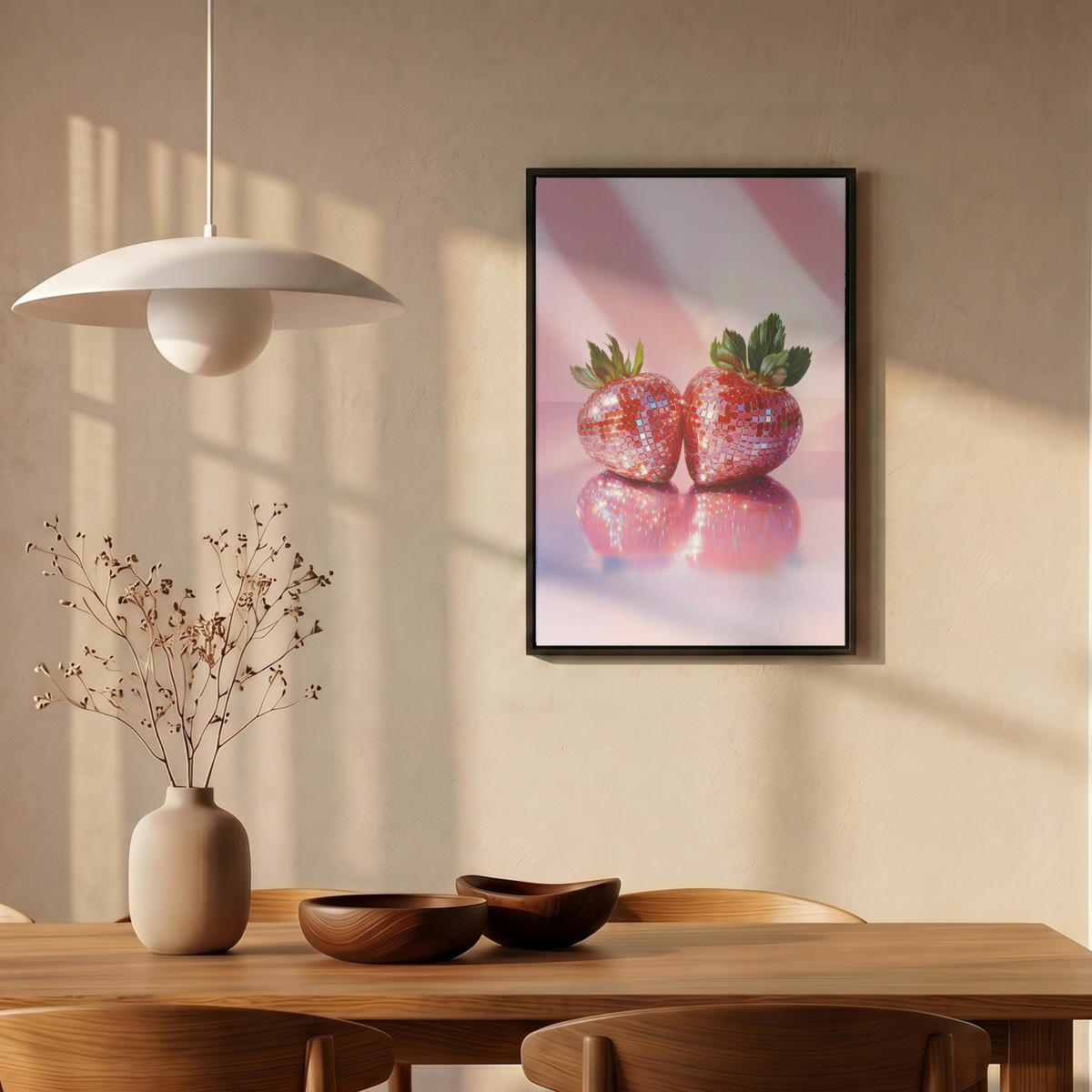 LEINWAND Bilder mit Rahmen - Disco - Obst - Glitzer - Erdbeere - 40x60 - Pink, Textil (40/60cm) - MuchoWow