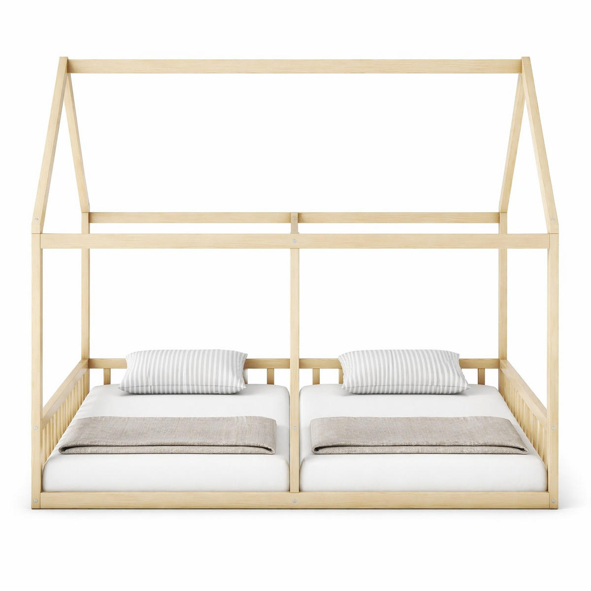 HAUSBETT 90/200 cm & 90/200 cm in Natur mit Mittelgitter und Dachdesign - Naturfarben, Holz/Holzwerkstoff (90/200cm) - CHICFURN