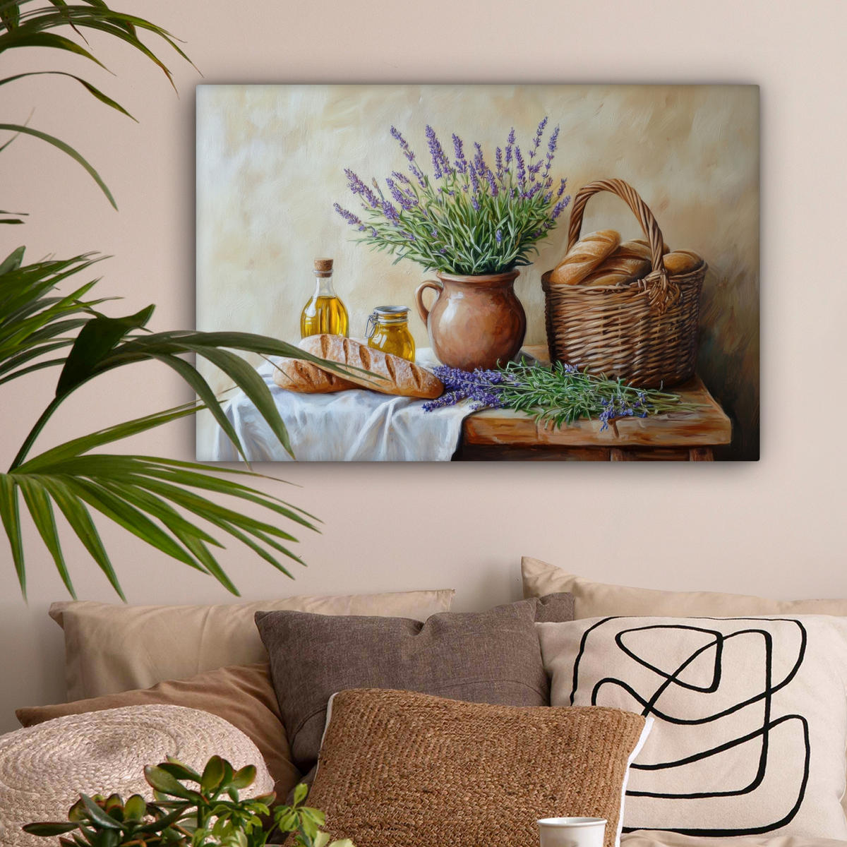 LEINWANDBILD Lavendel - Brot - Stilleben Gemälde 60x40 cm - Flieder, Textil (60/40cm) - MuchoWow