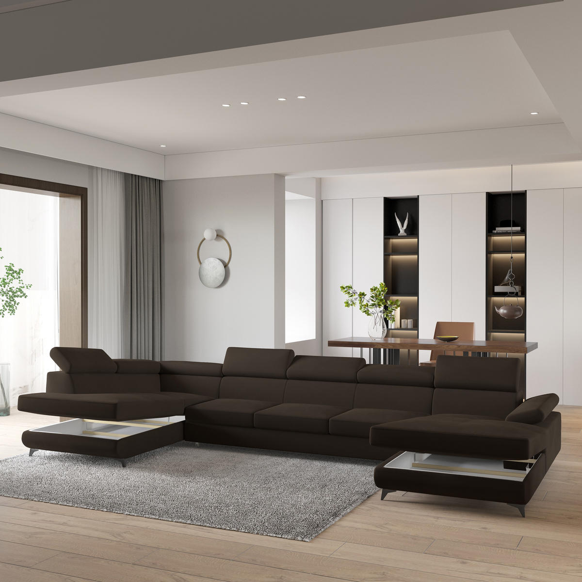 WOHNLANDSCHAFT MONTIVA Braun Velours-Stoff mit Schlaffunktion - Braun, Holz (410/89/190cm) - MASSENO