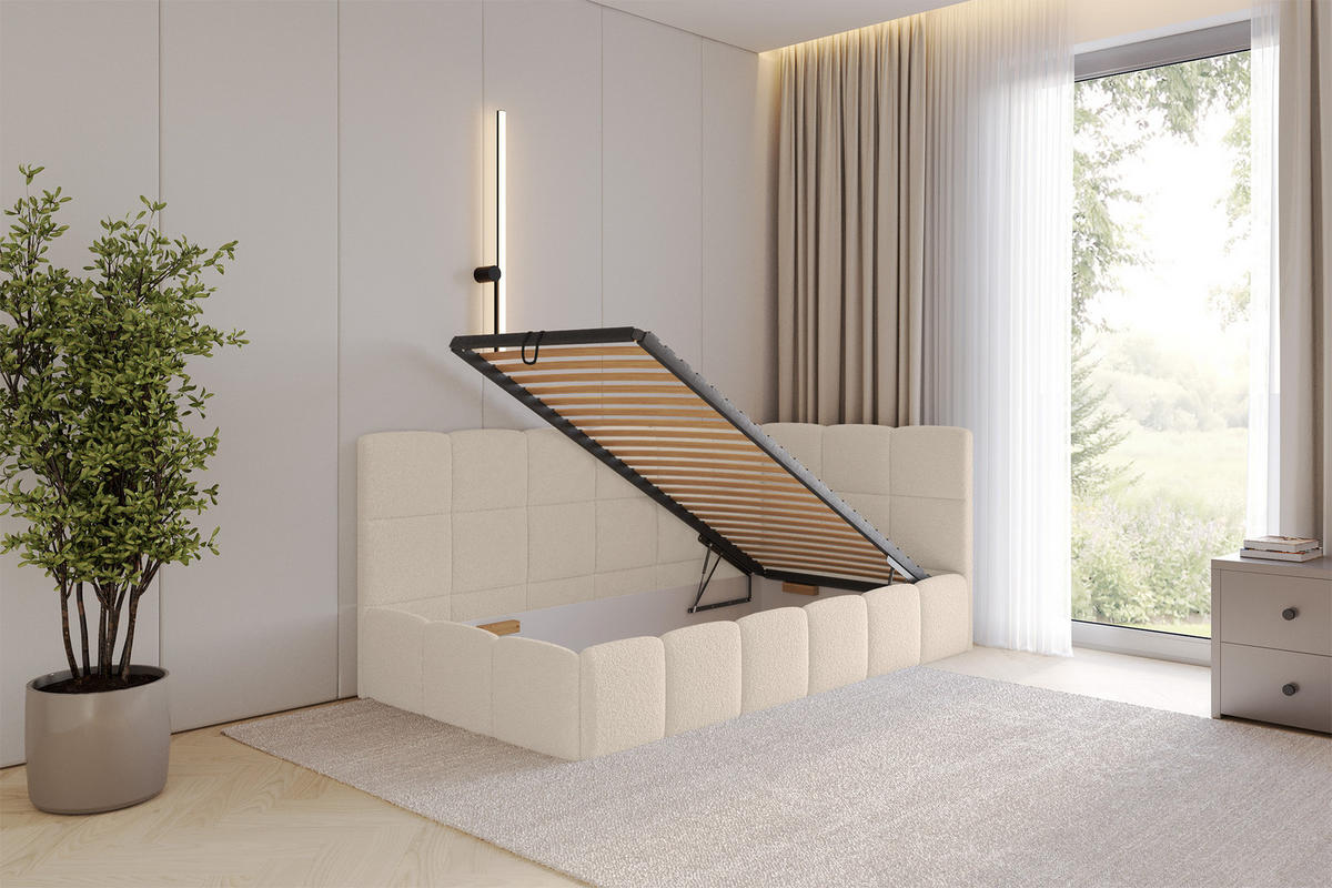 EINZELBETT Jugendbett mit Bettkasten Links, mit Matratze - LIVY 80x200 Dunkelbeige - Mokka, Holzwerkstoff/Textil (80/200cm) - ALTDECOR