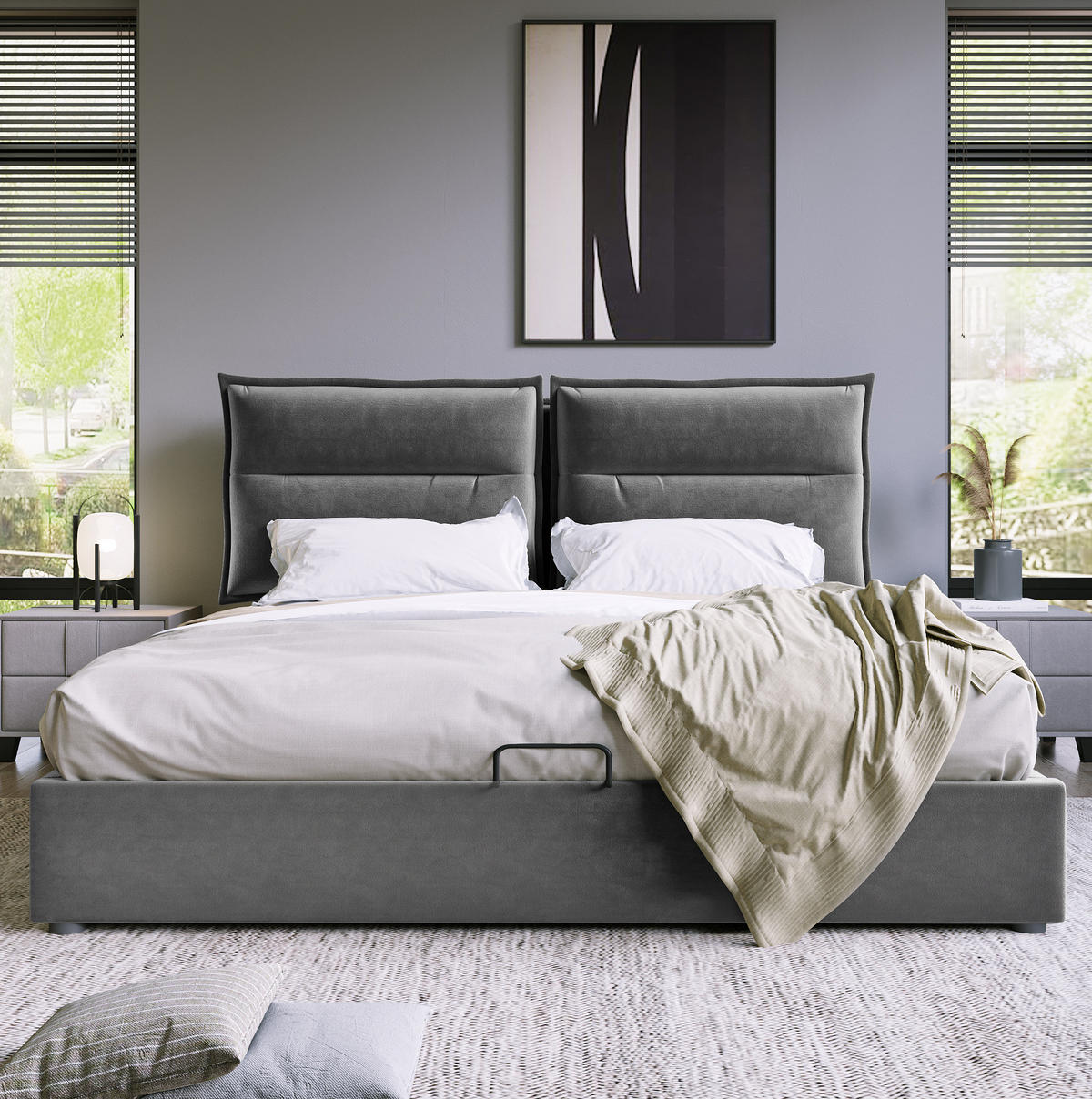 POLSTERBETT aus Samt 140x200 cm Grau mit Bettkasten und verstellbarem Kopfteil - Grau, Textil (140/200cm) - IVMEU