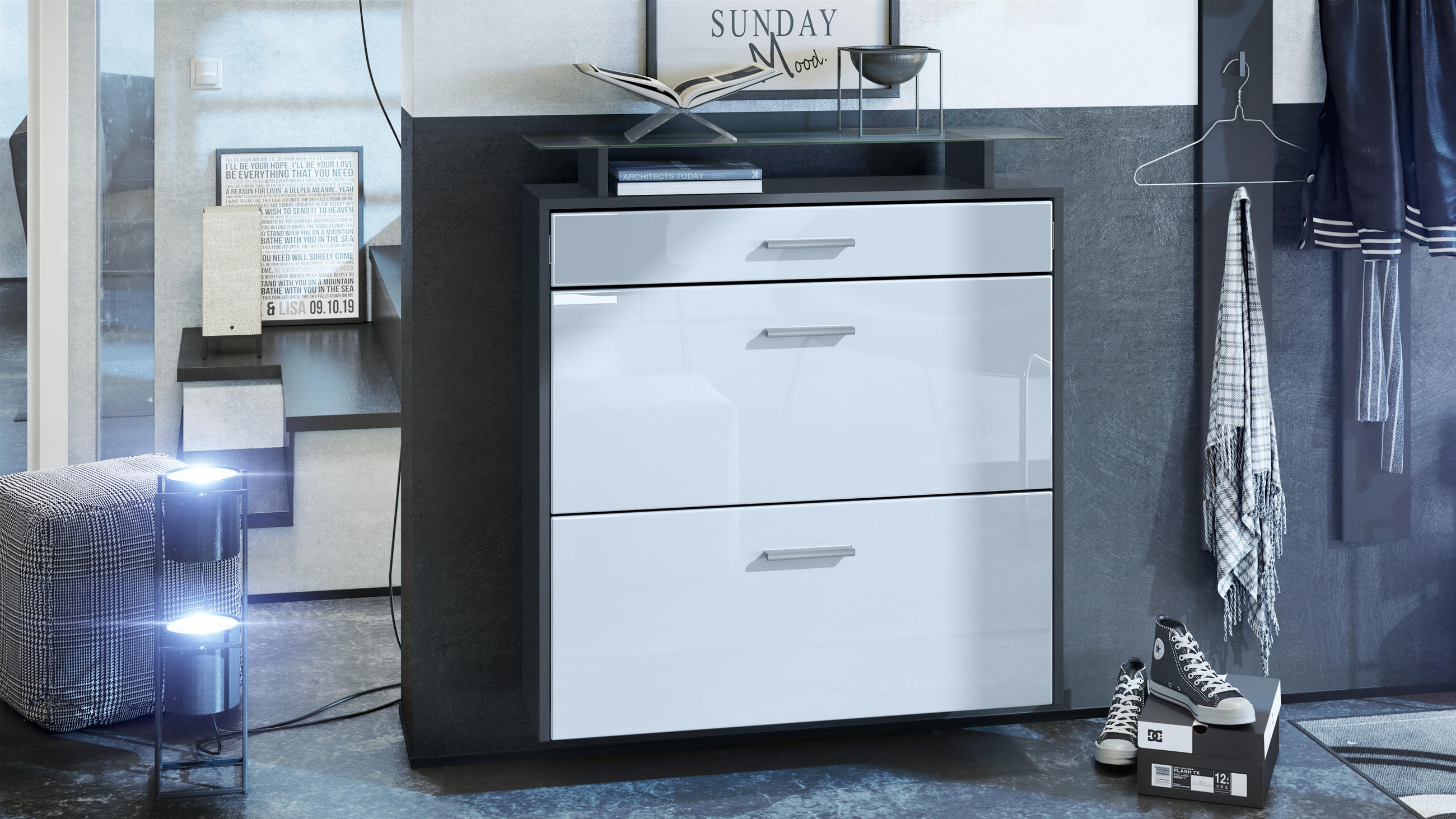 SCHUHSCHRANK Malea Fronten in Weiß Hochglanz - Weiß Hochglanz, Holzwerkstoff (89/96/23cm) - Vladon