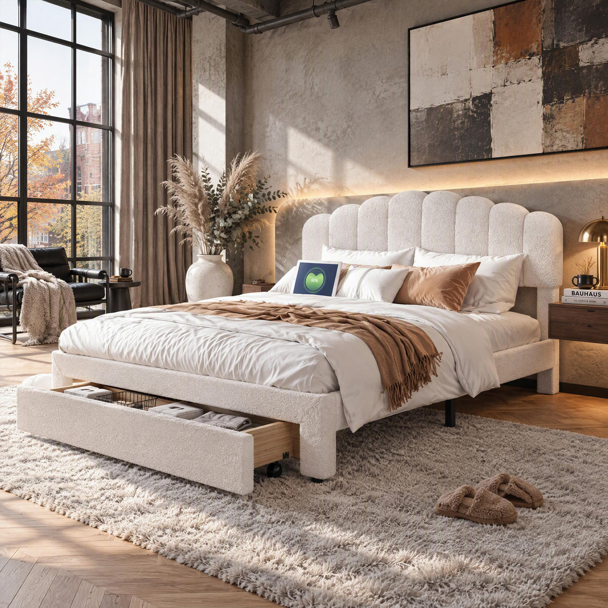 POLSTERBETT 160x200 cm mit Stauraum, Doppelbett mit Schubladen, USB und Typ-C, Lattenrost, verstellbares Kopfteil, Teddy-Fleece Beige - Beige, Holz/Metall (160/200cm) - GENKI LIVING