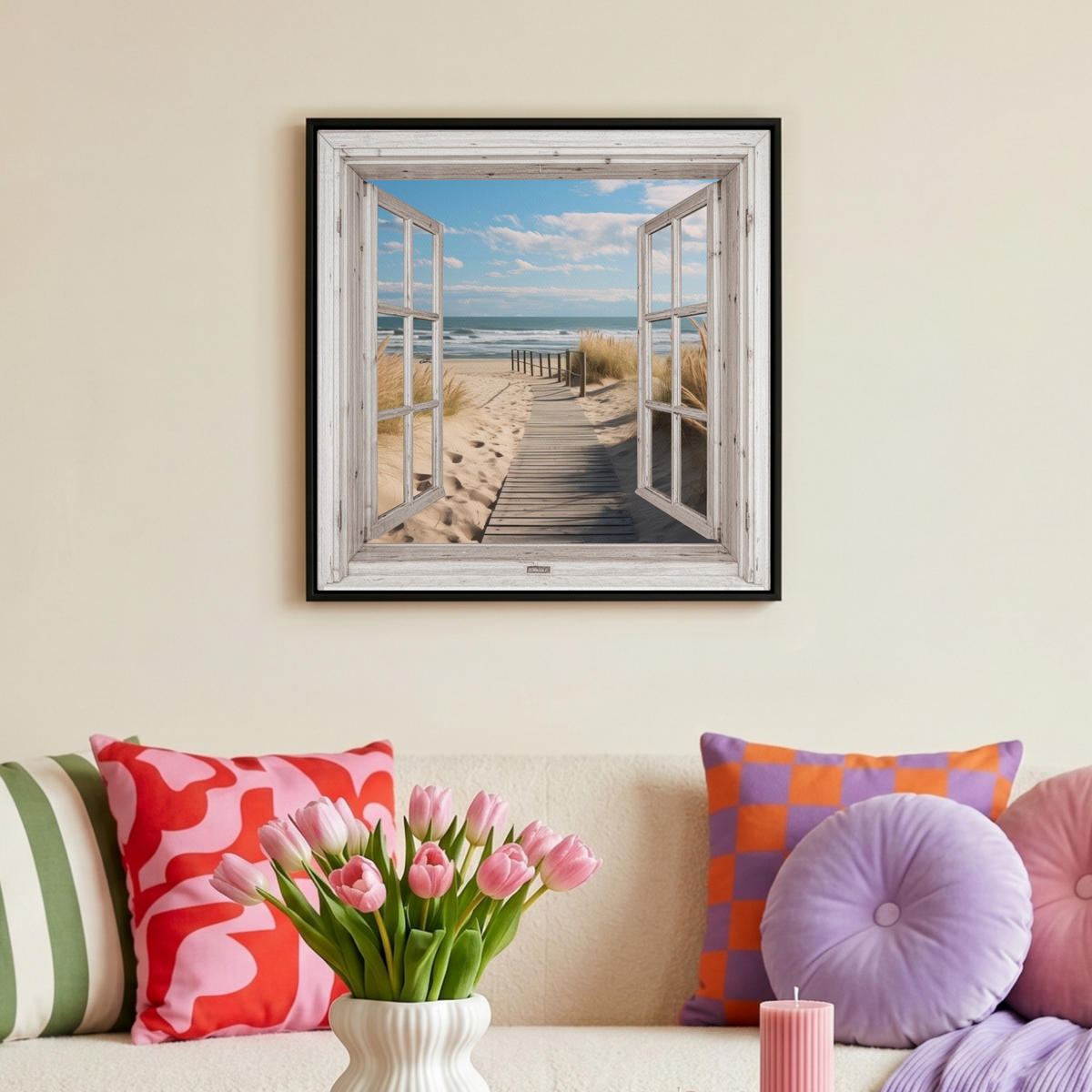 LEINWAND Bilder mit Rahmen - Fenster - Meer - Küste - Natur - Ausblick - Strand - Wattenmeer - 50x50 - Beige, Textil (50/50cm) - MuchoWow