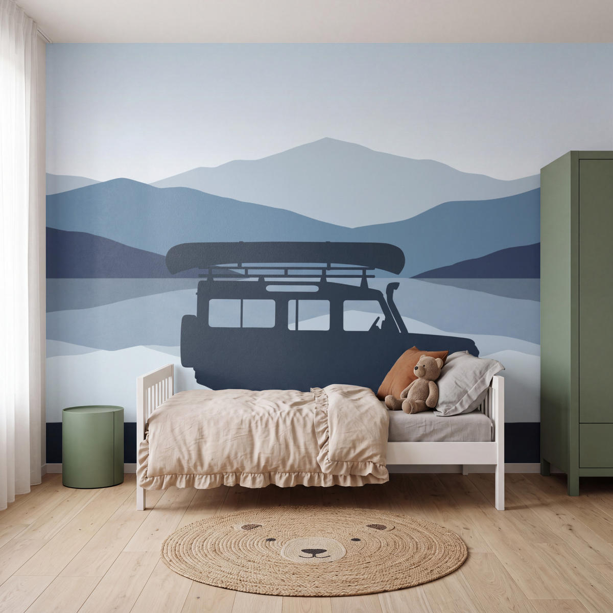 KINDERTAPETE - Auto - See - Berge - Blau - 400x300 cm - Blaugrau, Papier (400/300cm) - OnlyWow