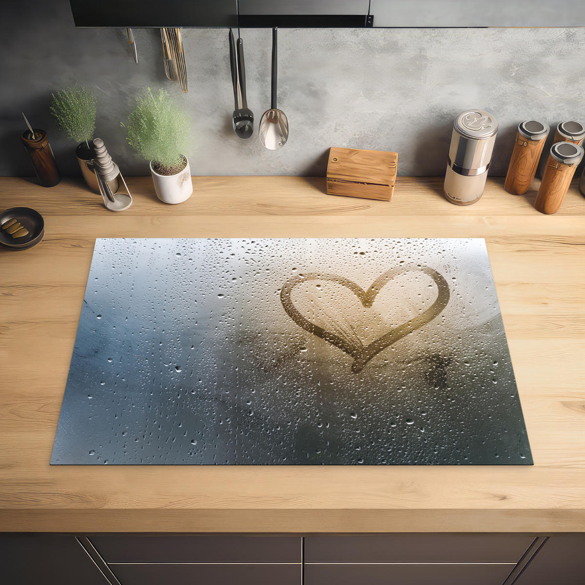 HERDABDECKPLATTE Herz - Kondenswasser - Wasser - 3D Ceranfeldabdeckung 78x52 cm - Grau, Kunststoff (78/52/0.2cm) - MuchoWow