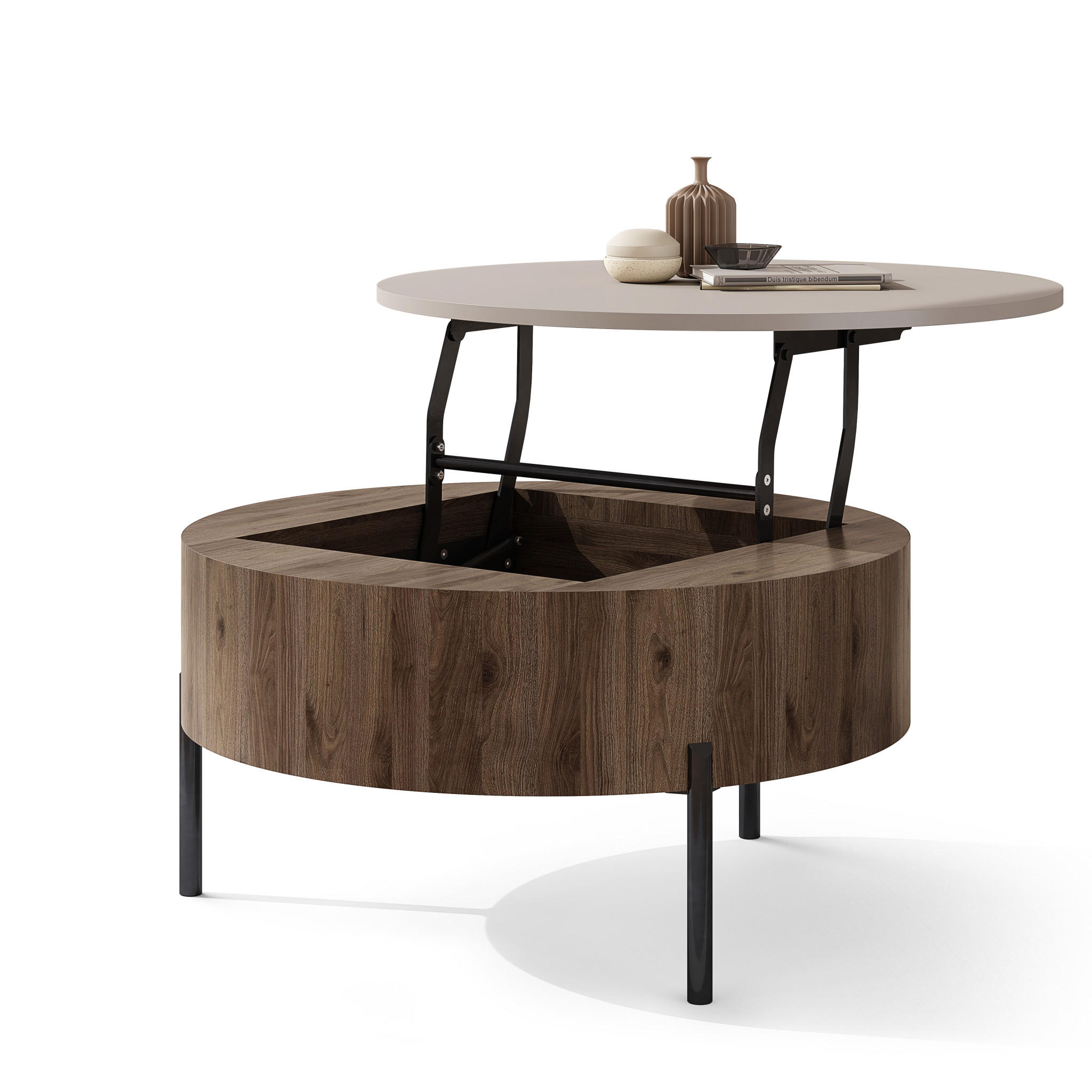 COUCHTISCH rund aufklappbar höhenverstellbar Stauraum 79/79/42 cm - Beige/Nussbaumfarben, Holzwerkstoff (79.5/79.5/42.7cm) - designimpex