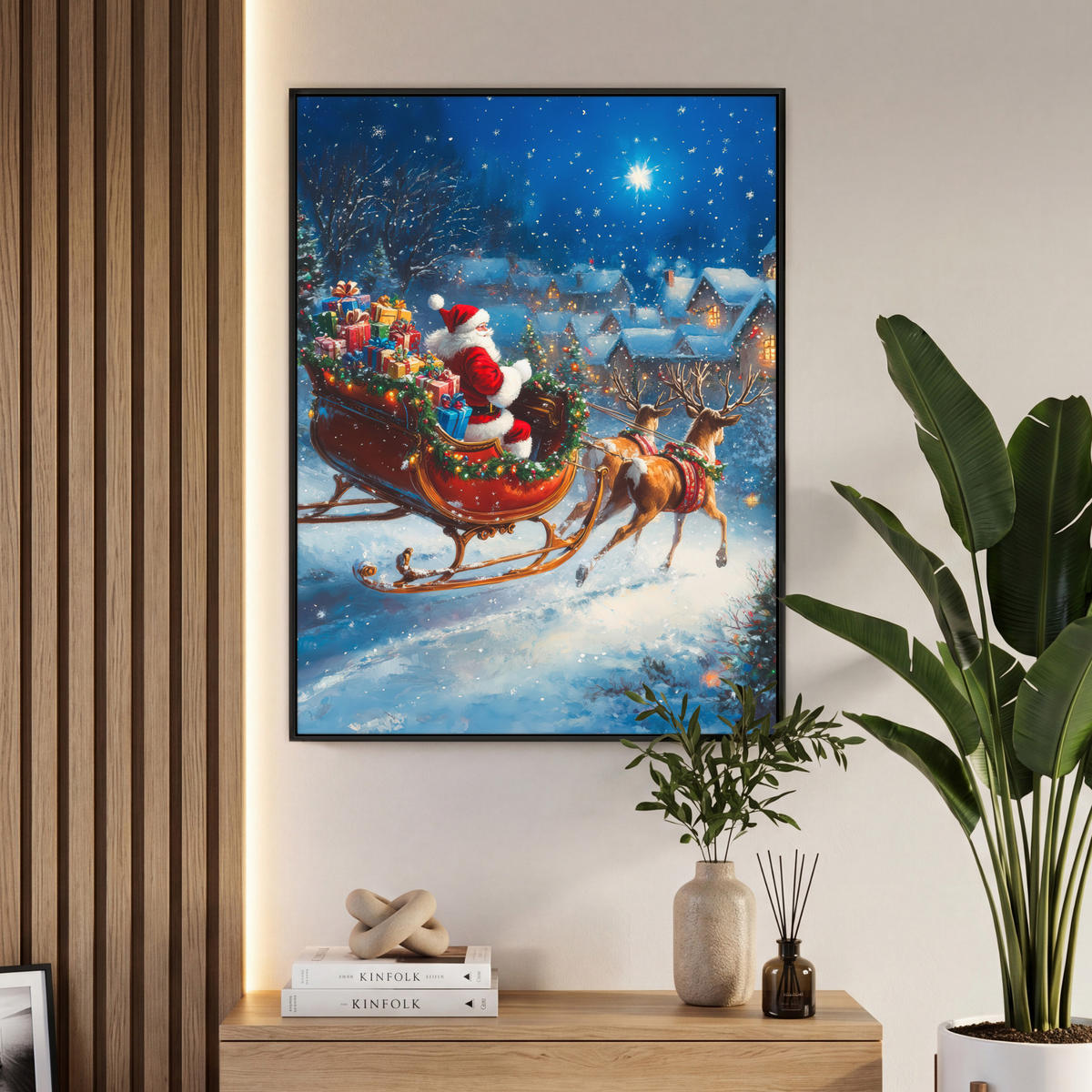 LEINWAND Bilder mit Rahmen - Weihnachtsmann - Rentier - Weihnachten - Schnee - 70x100 - Cognac, Textil (70/100cm) - MuchoWow