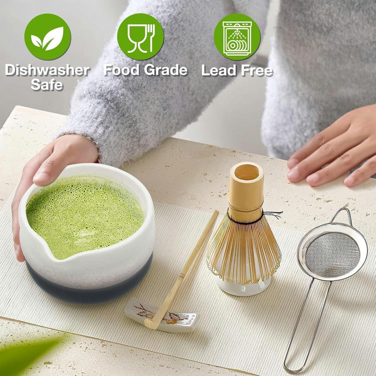 MATCHA Set 5-teiliges Set mit Schale, Besen und Löffel - Schwarz, Keramik (18.2/12.7/20.5cm)