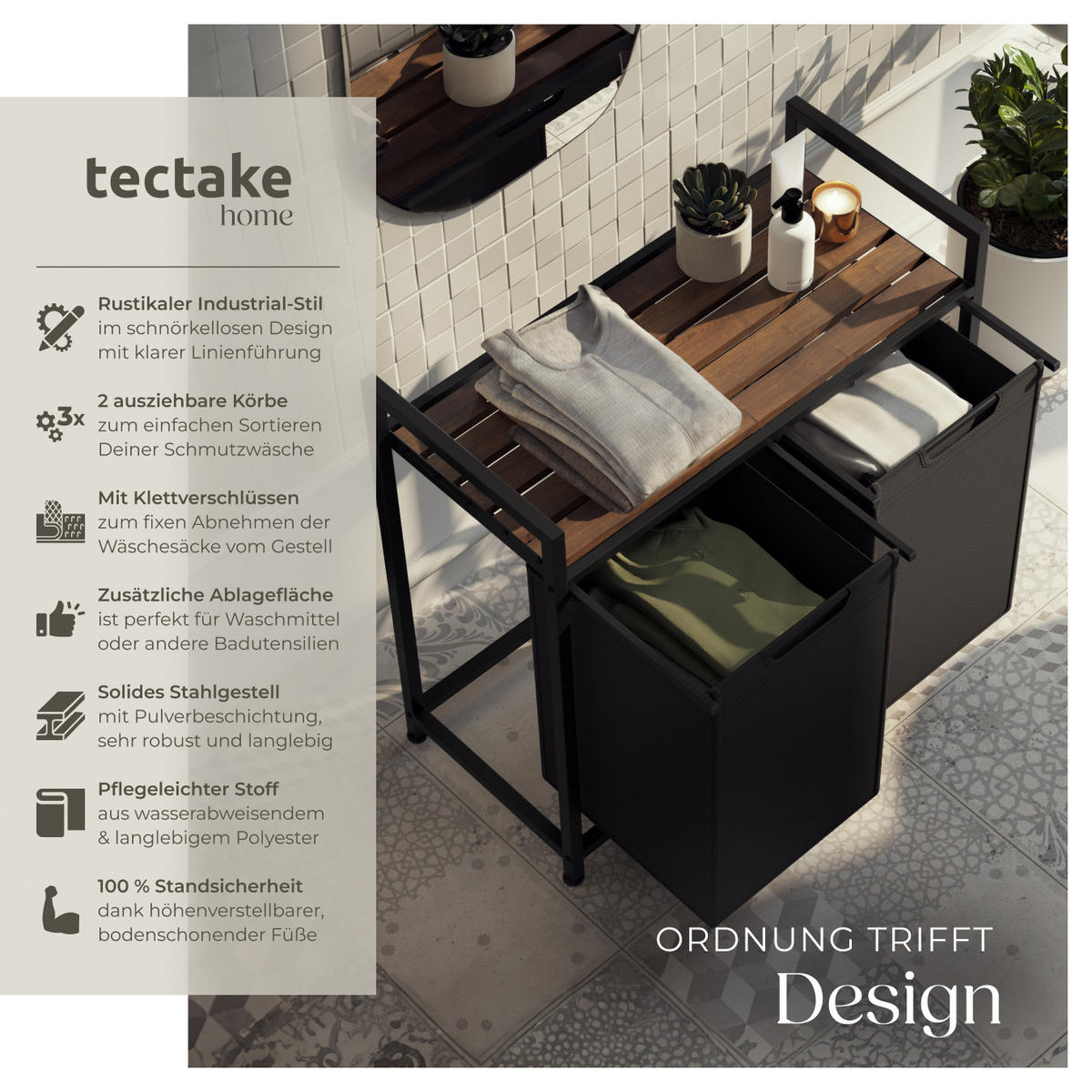 WÄSCHESORTIERER, höhenverstellbare Kunststofffüße,schwarz/braun - Schwarz/Braun, Metall (74/72/34cm) - tectake