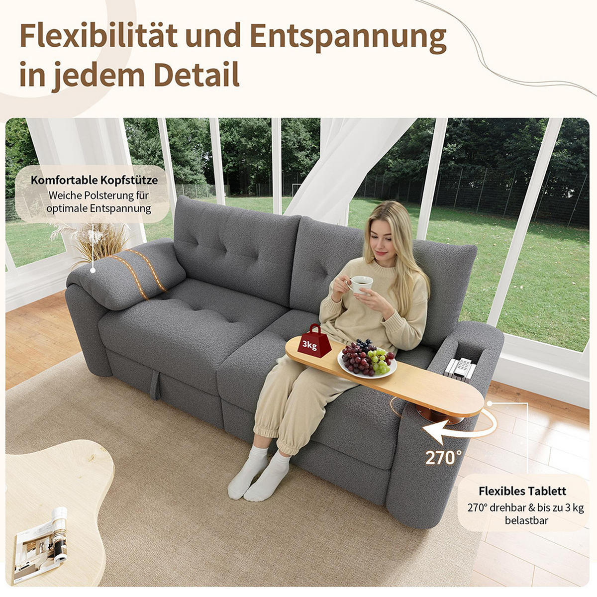 3-SITZER-SOFA mit Stauraum in Grau - Grau, Textil (80/87/207.5cm) - KOMHTOM