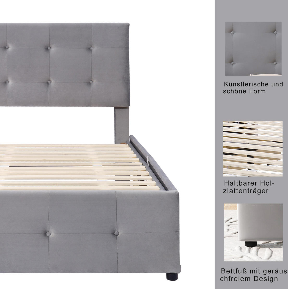 POLSTERBETT 90/200 cm Grau aus Samt mit Schublade und Lattenrost - Grau, Textil (90/200cm) - OKMYHOME