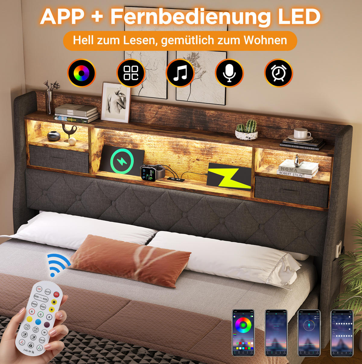 POLSTERBETT mit LED-Beleuchtung 180/200 cm mit Bettkasten & Ladestation - Grau, Textil (180/200cm) - BEAOK