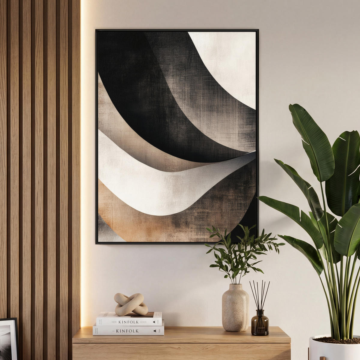LEINWAND Bilder mit Rahmen - Abstrakt - Wellen - Schwarz - Verwittert - 70x100 - Trüffeleichefarben, Textil (70/100cm) - MuchoWow