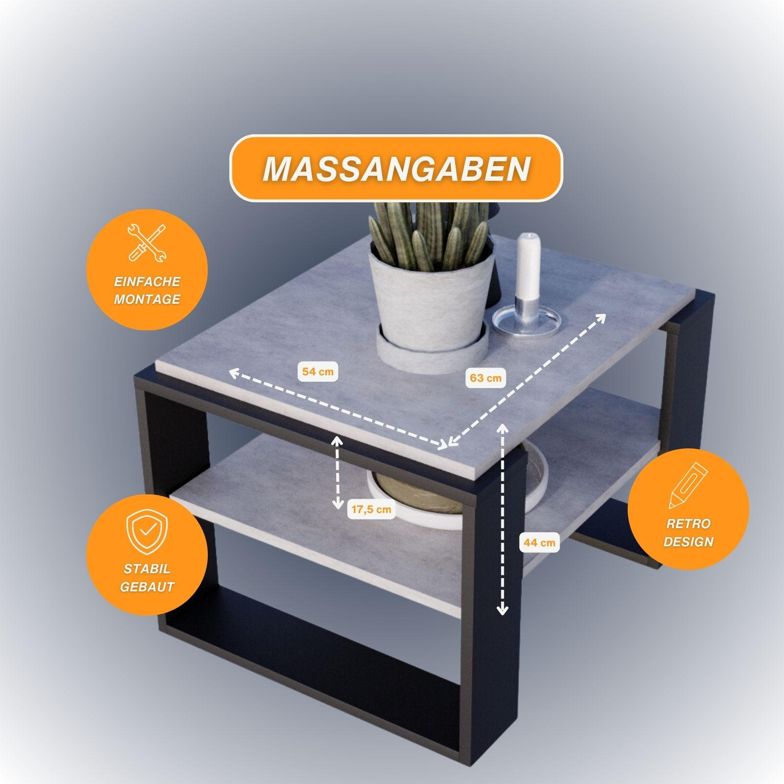 COUCHTISCH Holzwerkstoff rechteckig stabil Grau 44/54/63cm - Schwarz/Grau, Holzwerkstoff (54/63/44cm) - CraftPAK