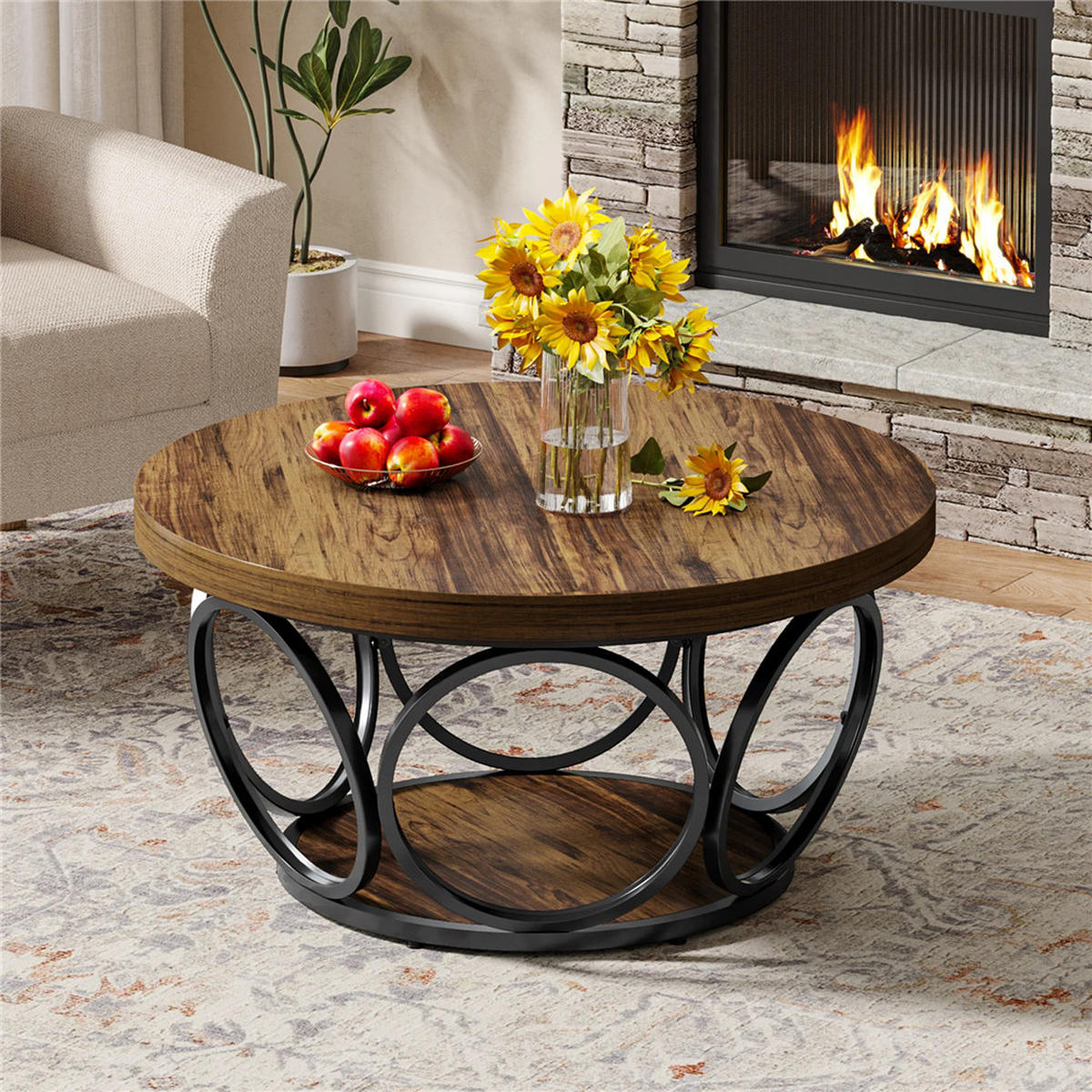 COUCHTISCH rund 80/80/42.5 cm 2 Ebenen Holz Stauraum modern - Braun, Holz (80/80/42.5cm) - Kaket