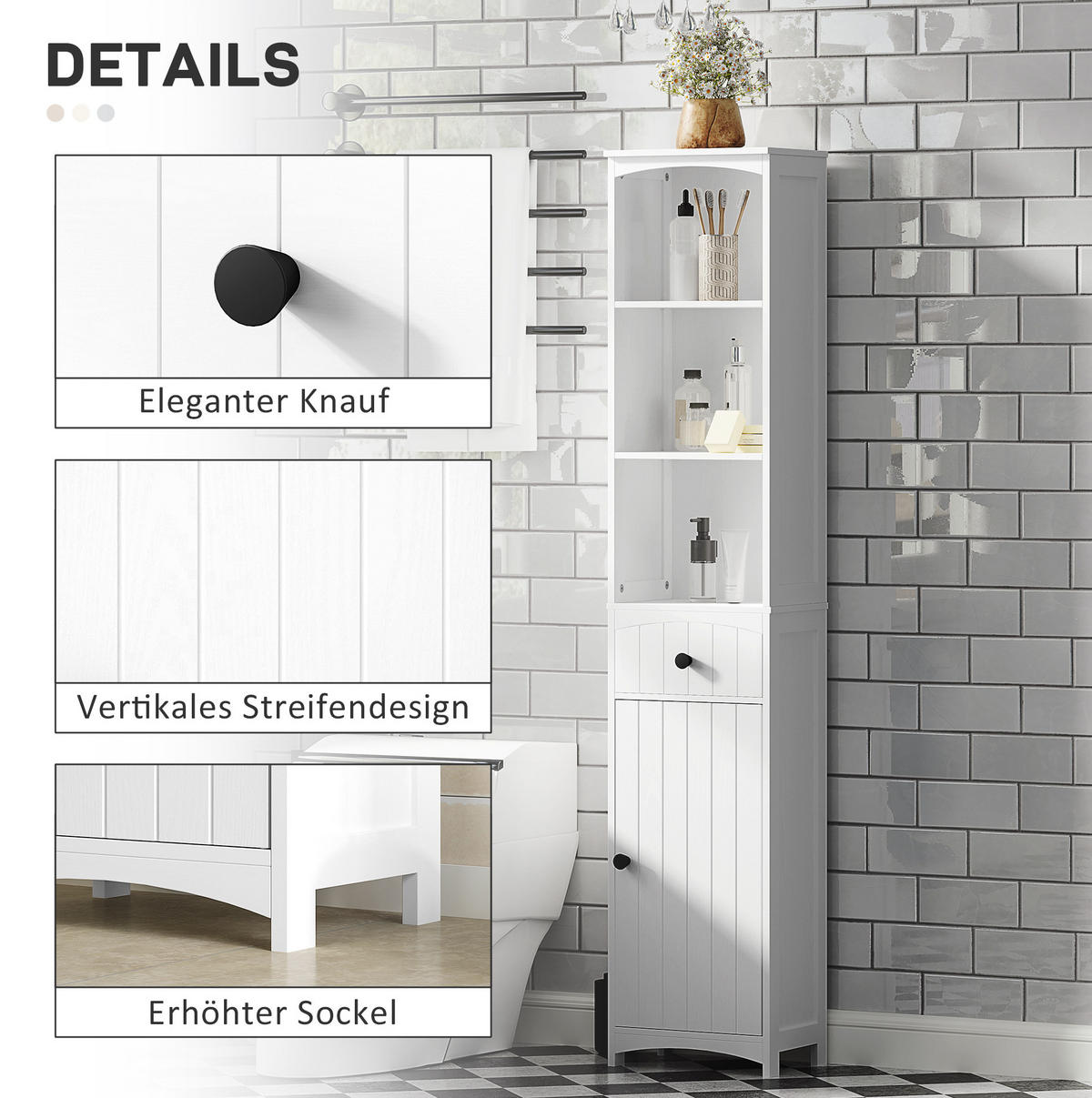 BADEZIMMERSCHRANK 34x24x170.5 cm Weiß aus Spanplatte mit Schrank, Schublade & 3 Regalen - Weiß, Holzwerkstoff (34/170.5/24cm) - Modfu