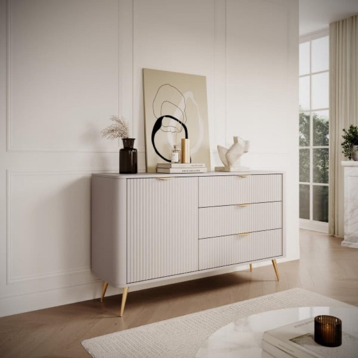 KOMMODE Beige D3S Lena Mit Goldenen Beinen - Beige, Holzwerkstoff (138/81/38cm) - Sepro Meble