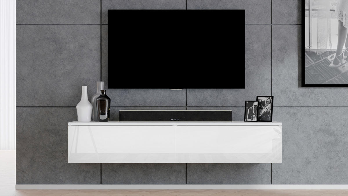 LOWBOARD Loriano 180 Weiß Matt, Hochglanz 180/34/32 cm – Fernsehschrank - Weiß, Holzwerkstoff/Kunststoff (180/34/32cm) - AX Living