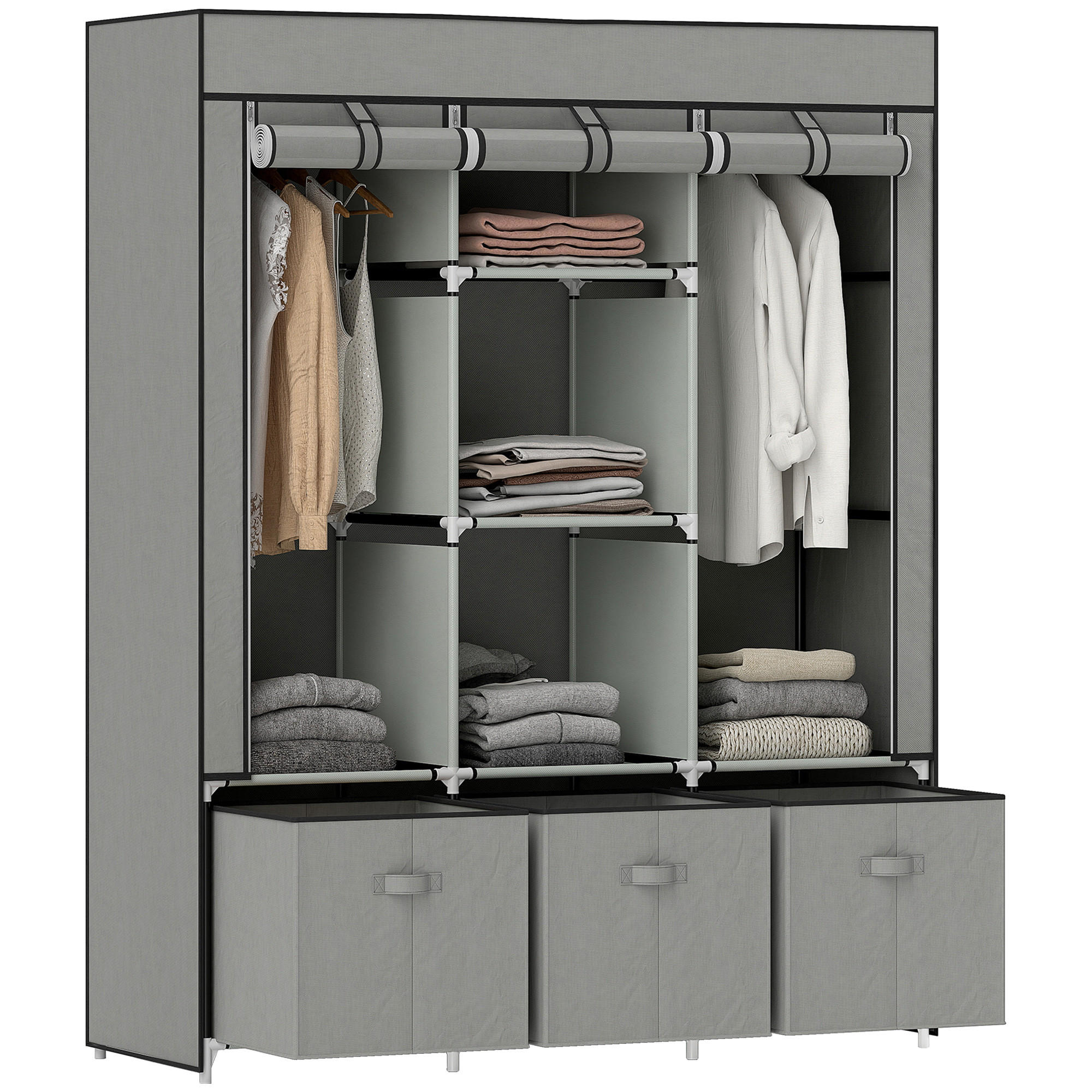 HOMCOM Stoffschrank aus Vlies, Faltschrank, inkl. 3 Schubladen, 125 cm x 43 cm x 162,5 cm, Hellgrau - Hellgrau, Metall (125/162.5/43cm)