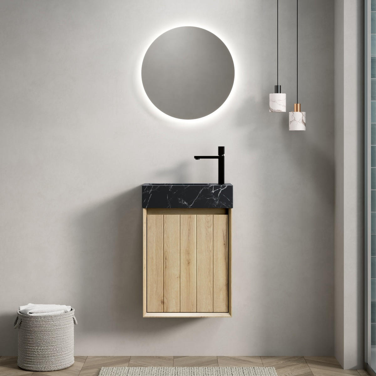 WASCHTISCH Badmöbel 40 cm,Wandhängend Marmor-Waschbecken Schwarz Unterschrank - Schwarz, Holz (40/58/22cm) - PARAFTA HOME