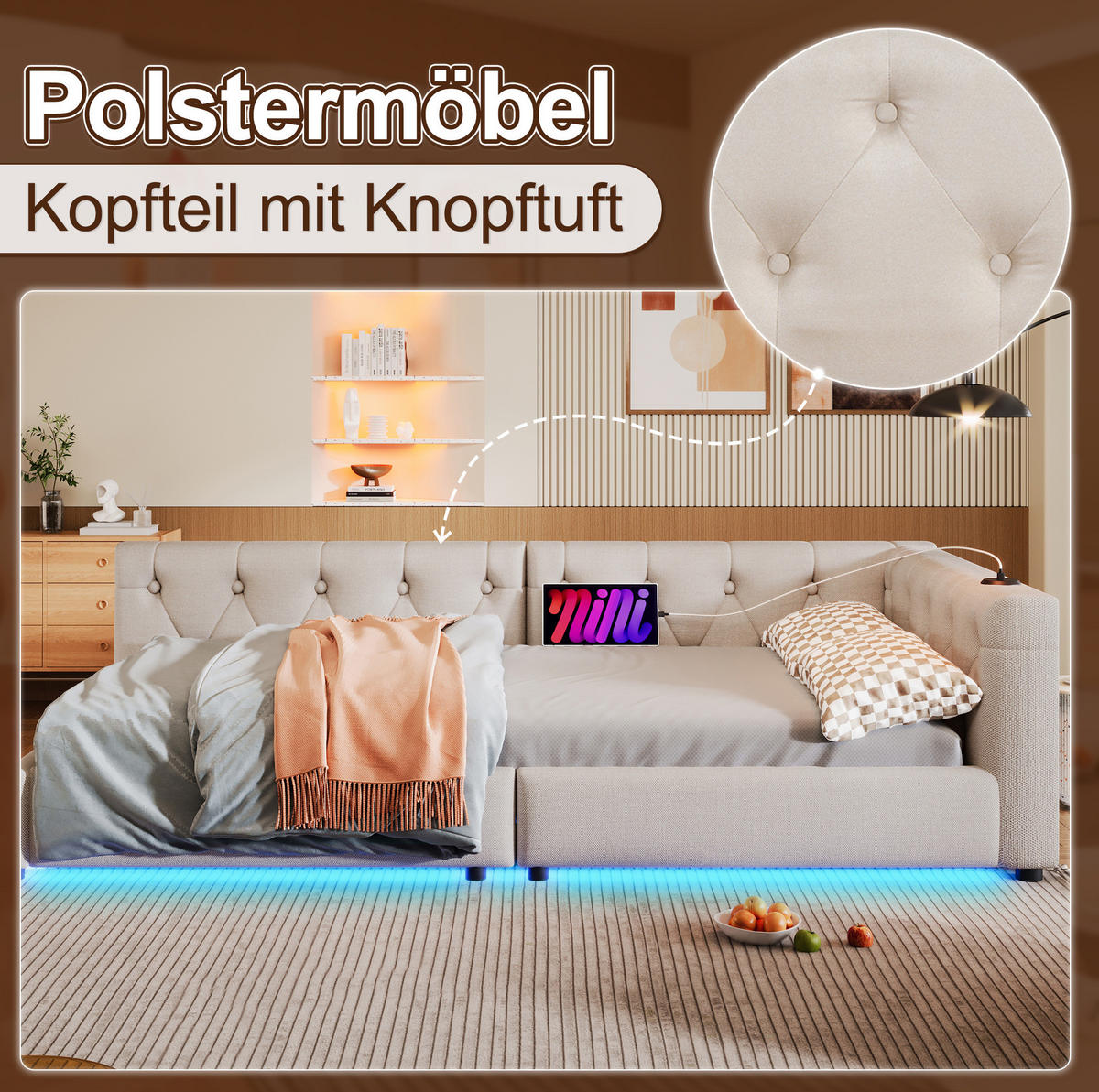 POLSTERBETT 90/200 cm Beige aus Leinen mit LED-Beleuchtung - Beige, Textil (90/200cm) - OKMYHOME