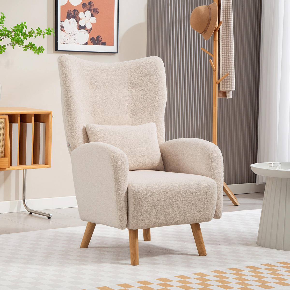 SESSEL DE-06847 mit Plüschbezug und Schaumstoffkissen, Ohrensessel Beige - Beige, Holz/Textil (72/106/77cm) - ComfortXL