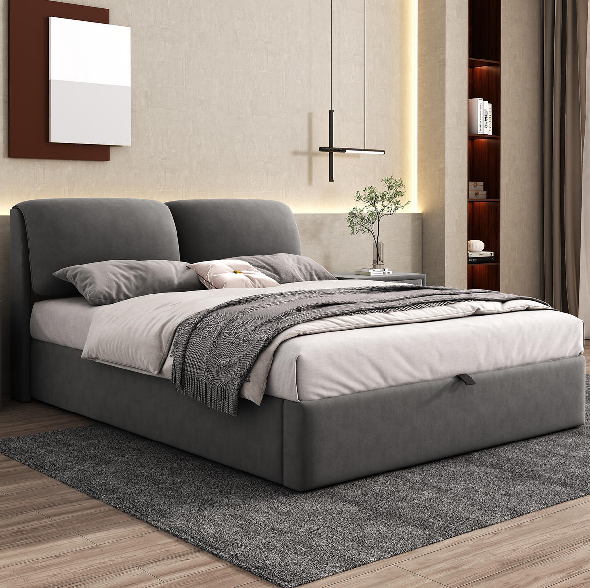 ČALÚNENÁ posteľ z velúru 140x190 cm sivá s hydraulickým úložným priestorom, 3 zásuvkami a nastaviteľným čelom - sivá, textil (140/190cm) - Modfu