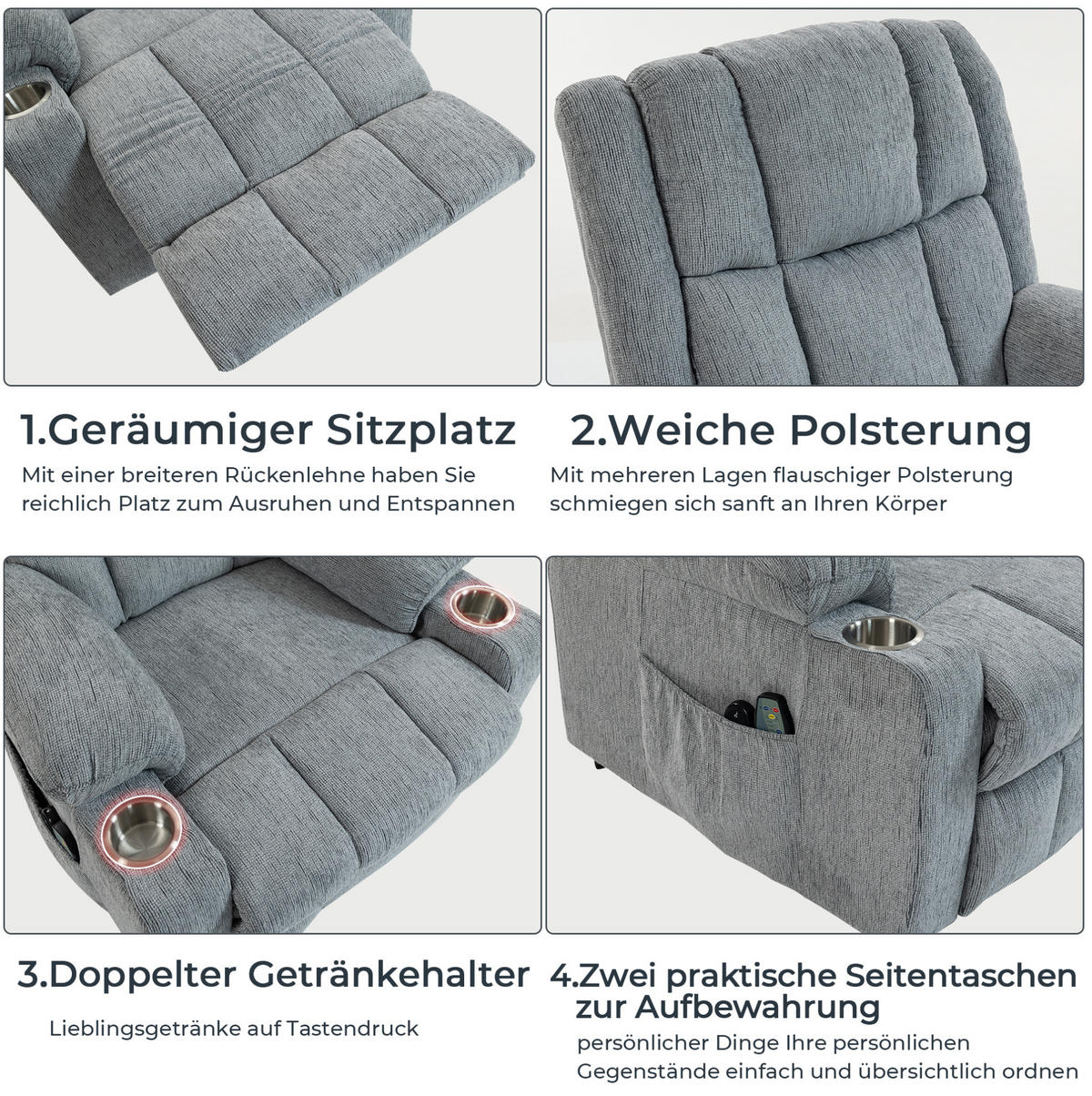 RELA/AČNÉ kreslo 8205, 78 cm, zamat, svetlosivé, elektrické s masážnou a vyhrievacou funkciou - svetlosivá, textil (84/106/91cm) - BEAOK