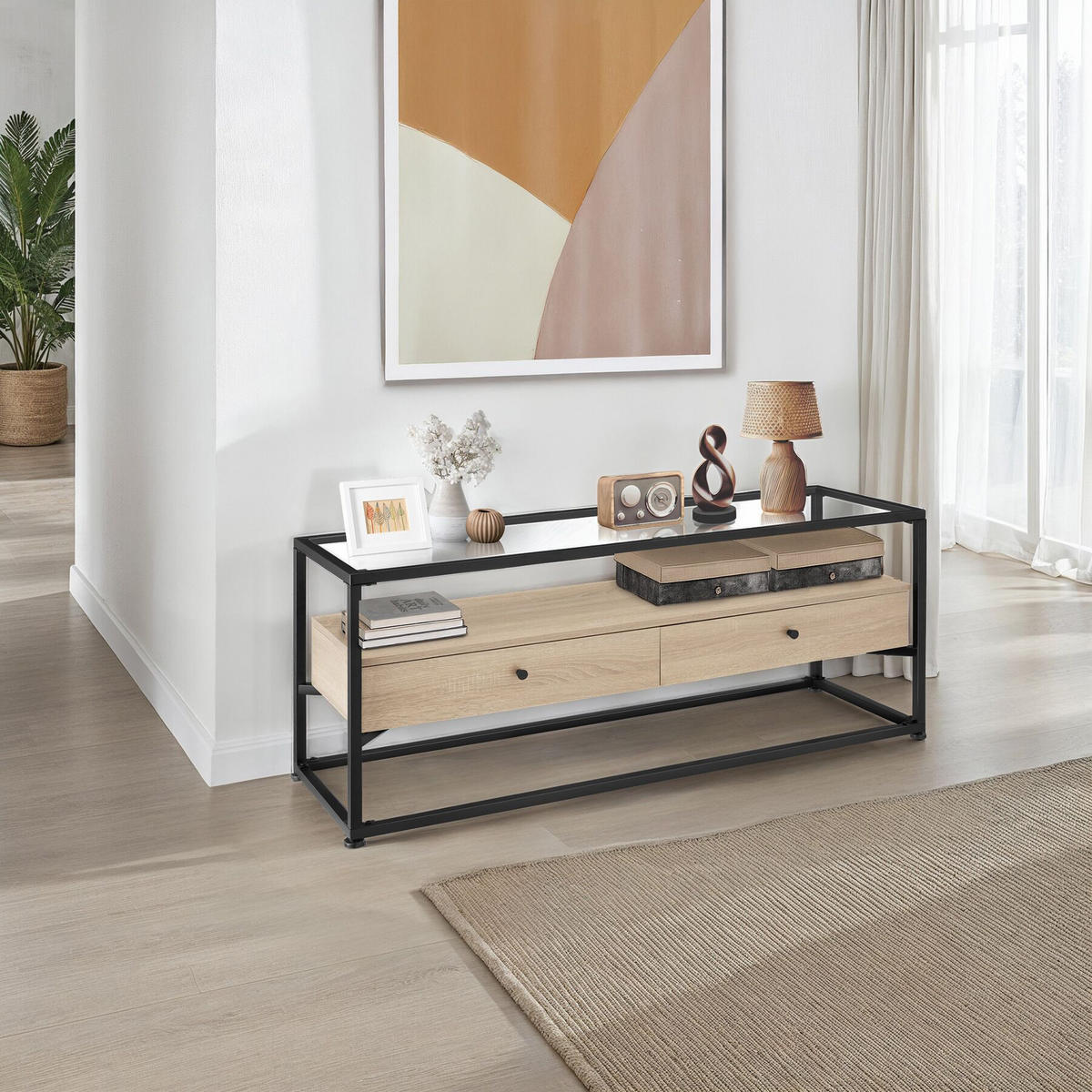 LOWBOARD Maidenhead,121,5 x 41,5 x 50,5 cm,Industrial Holz hell, Eiche Sonoma - Naturfarben, Holzwerkstoff (41.5/50.5/121.5cm) - tectake