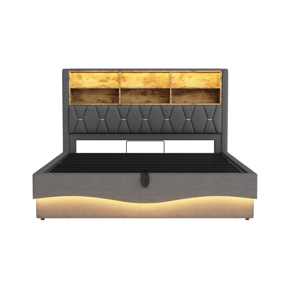POLSTERBETT 180/200 cm Grau aus Leinen mit Bettkasten und LED-Beleuchtung - Grau, Metall (180/200cm) - OKMYHOME