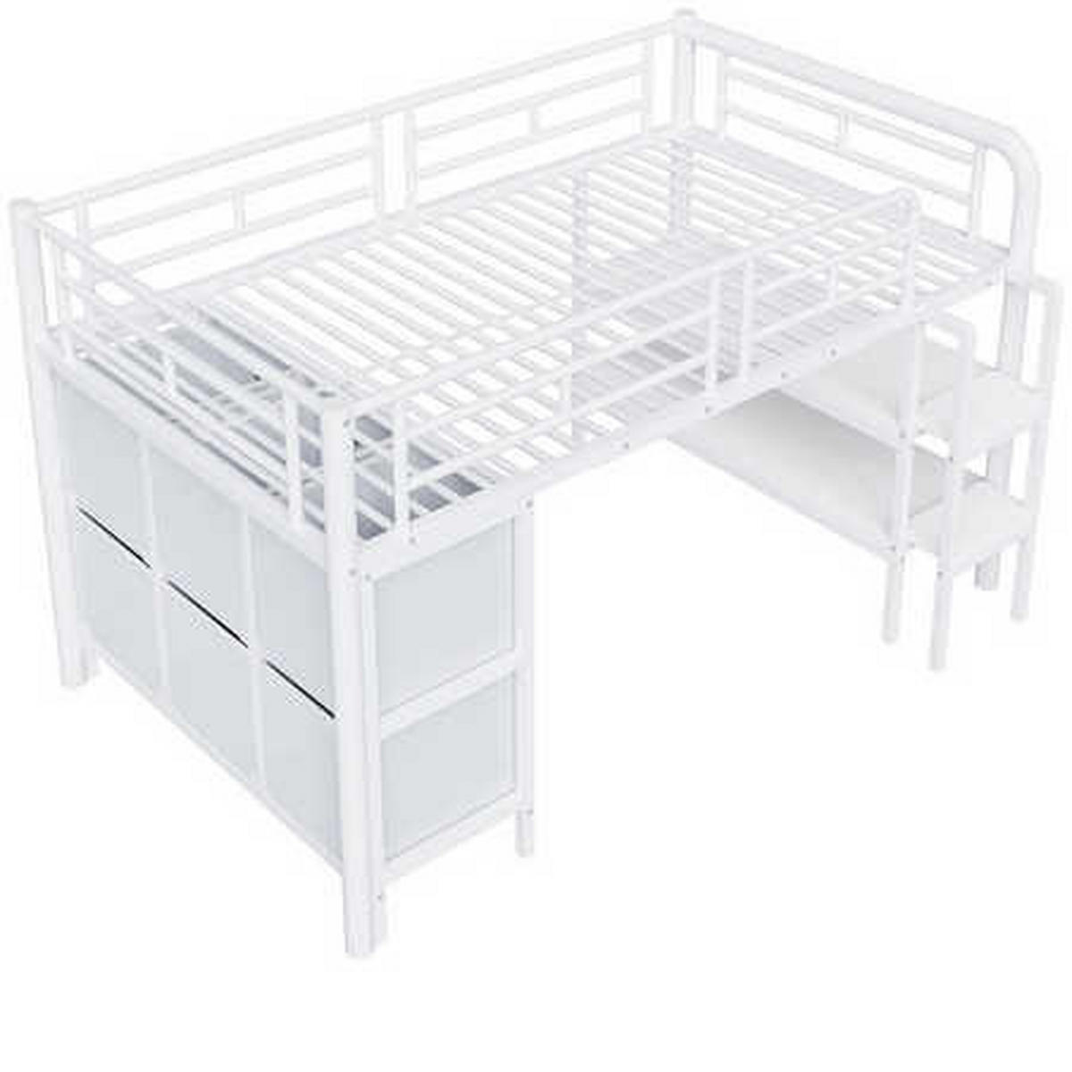 HOCHBETT 90x200 Weiß Metall Treppe Stauraum - Weiß, Metall (90/200cm) - FLIEKS