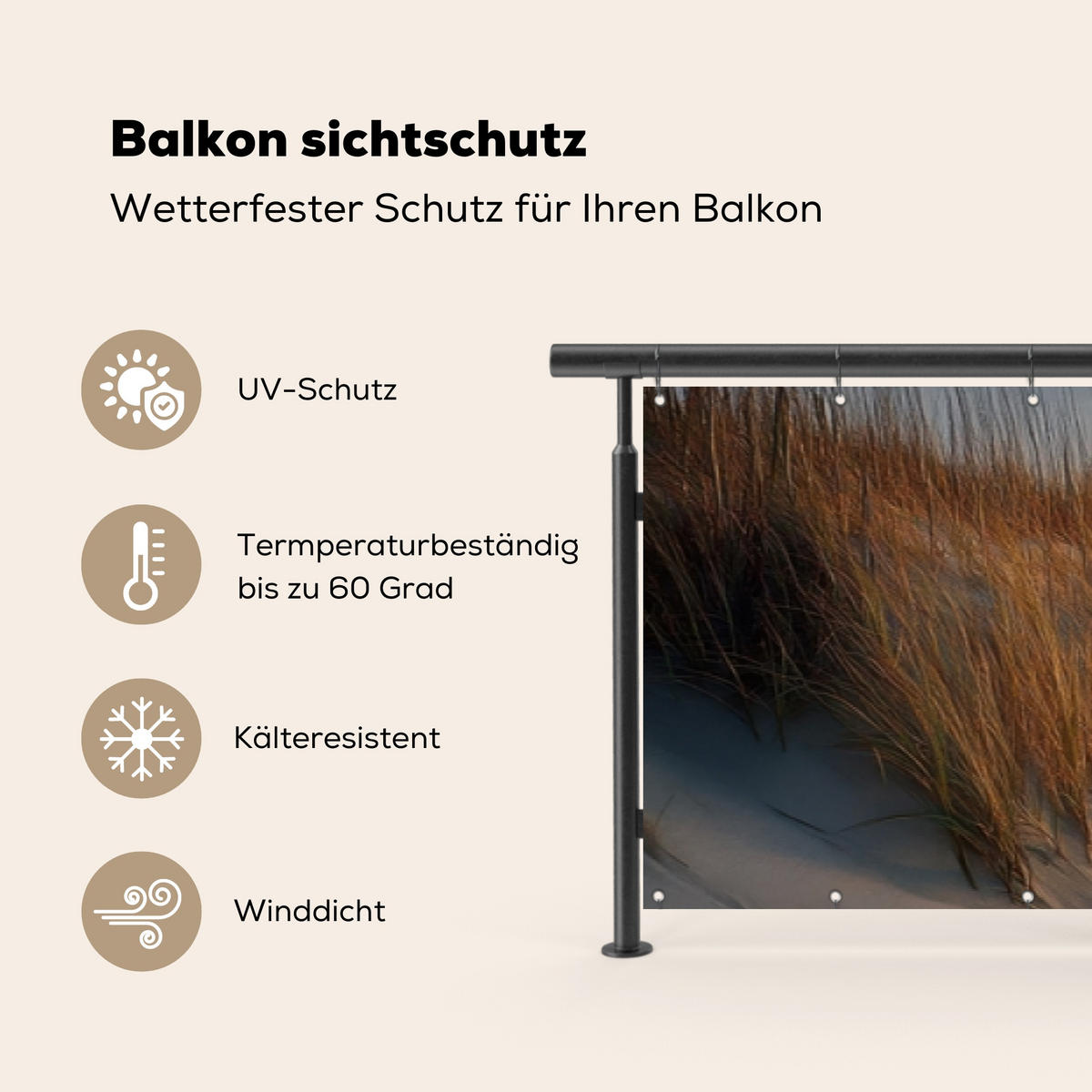 BALKON-SICHTSCHUTZ Strand - Dünen - Sonnenuntergang 500x75 cm - Sandfarben, Kunststoff (500/75cm) - MuchoWow