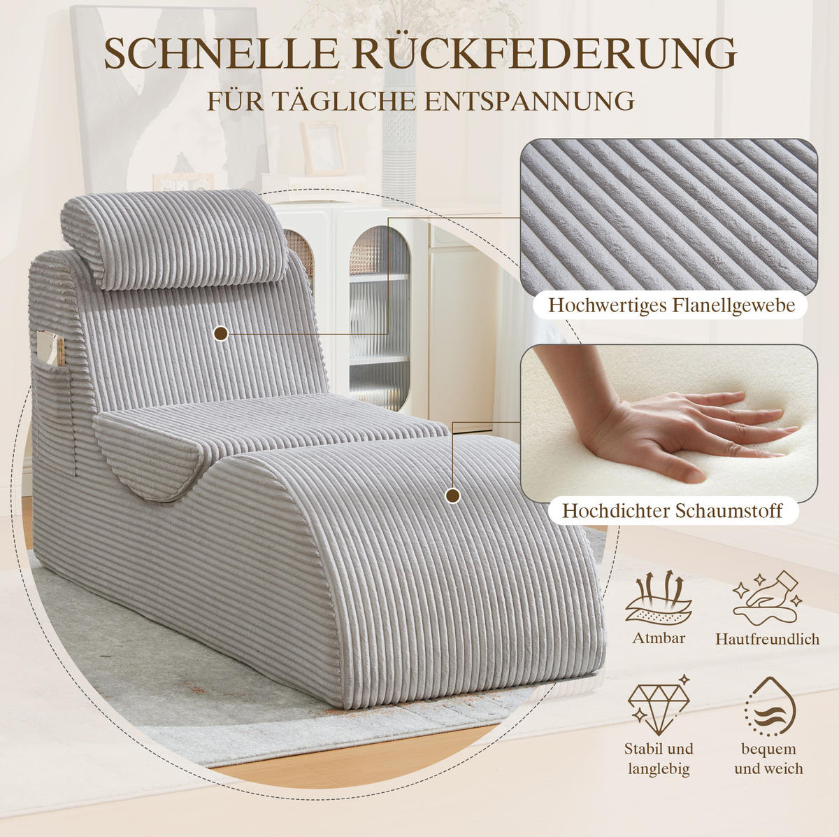 SESSEL ergonomisch 160 x 66 x 90 cm Corduroy Light Gray - Hellgrau, Kunststoff (66/90/160cm) - Beauniv