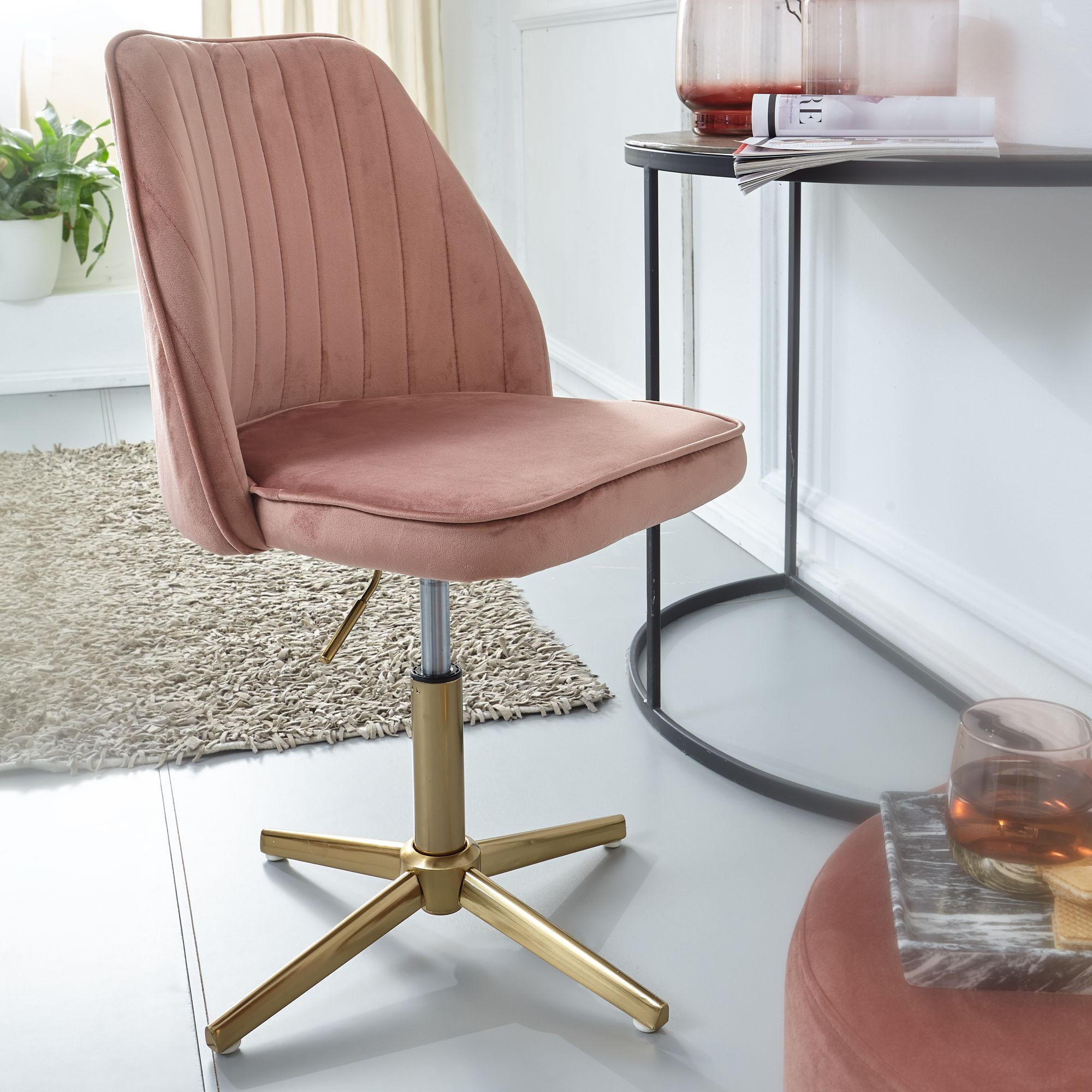DREHSTUHL Samt mit Höhenverstellung, Eisenfuß und 360° Drehfunktion TANARO, Rosa - Pink/Goldfarben, Textil/Metall (60/100/60cm) - KADIMA DESIGN