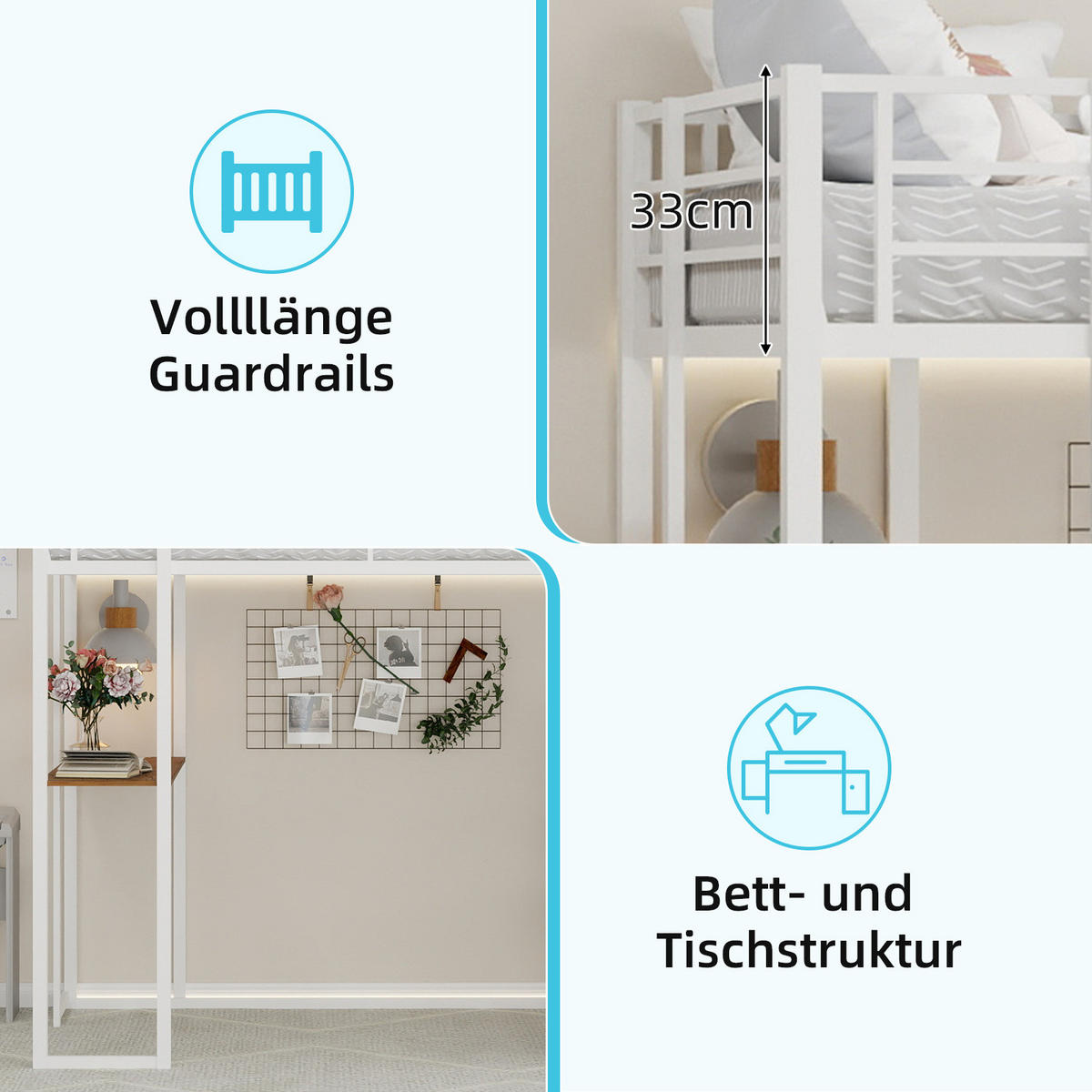 HOCHBETT 90/200 cm weiß aus Eisen mit Schreibtisch und beidseitiger Leiter - Weiß, Metall (90/200cm) - OKWISH