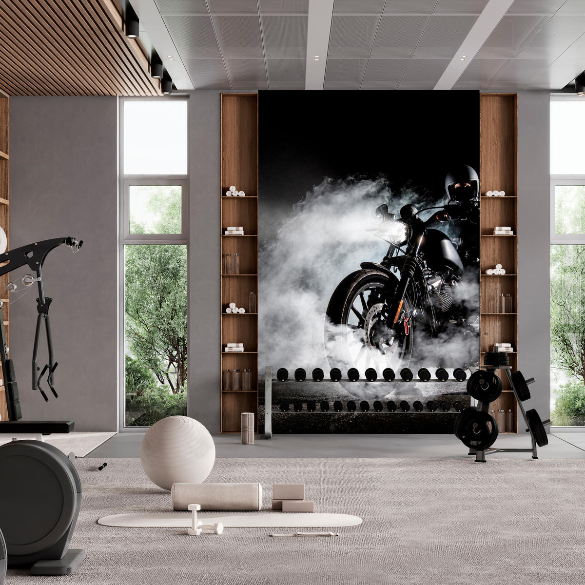 FOTOTAPETE für Jugendzimmer Motorrad Nebel Mann Straße Rauch Sport Action 200x140 - Schwarz/Weiß, Papier (200/140cm) - Muralo