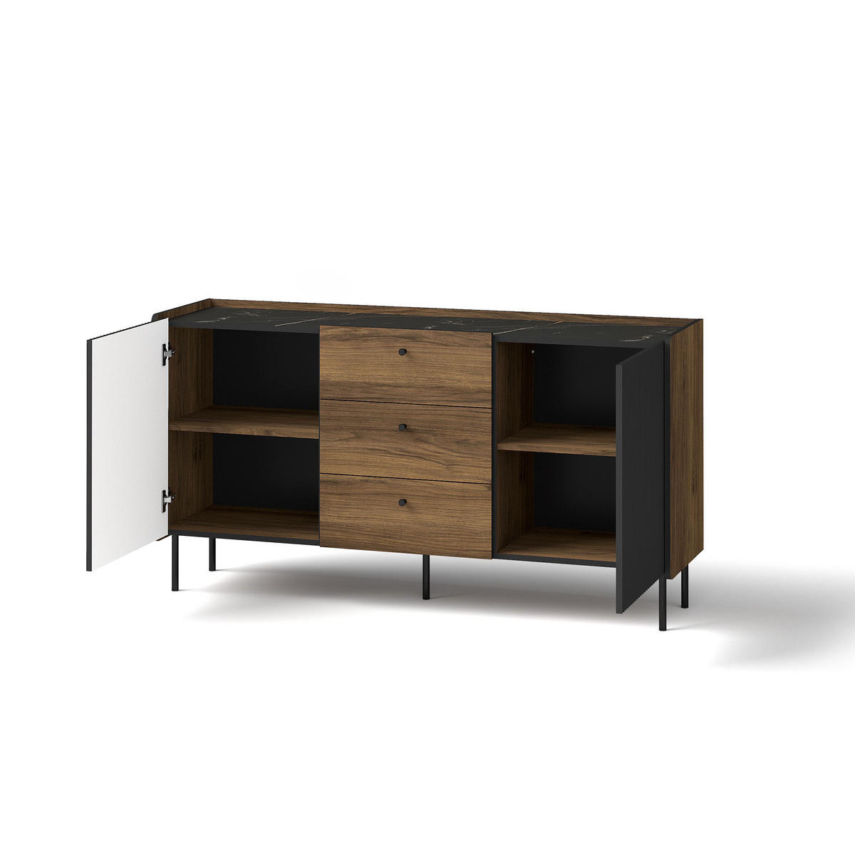 KOMMODE Piano mit 2 Türen und 3 Schubladen, Mattschwarz + Warmia-Nussbaum - Dunkelbraun/Schwarz, Holzwerkstoff (150/79/40cm) - Beautysofa