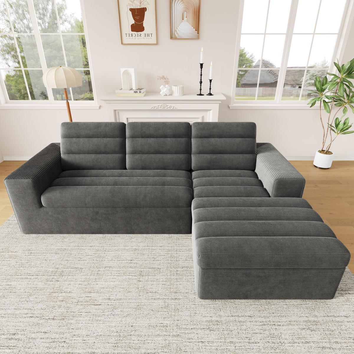 SOFA modular 253x161 cm Cord Dark Grey mit Hocker - Dunkelgrau, Kunststoff (161/253cm) - Meubliv